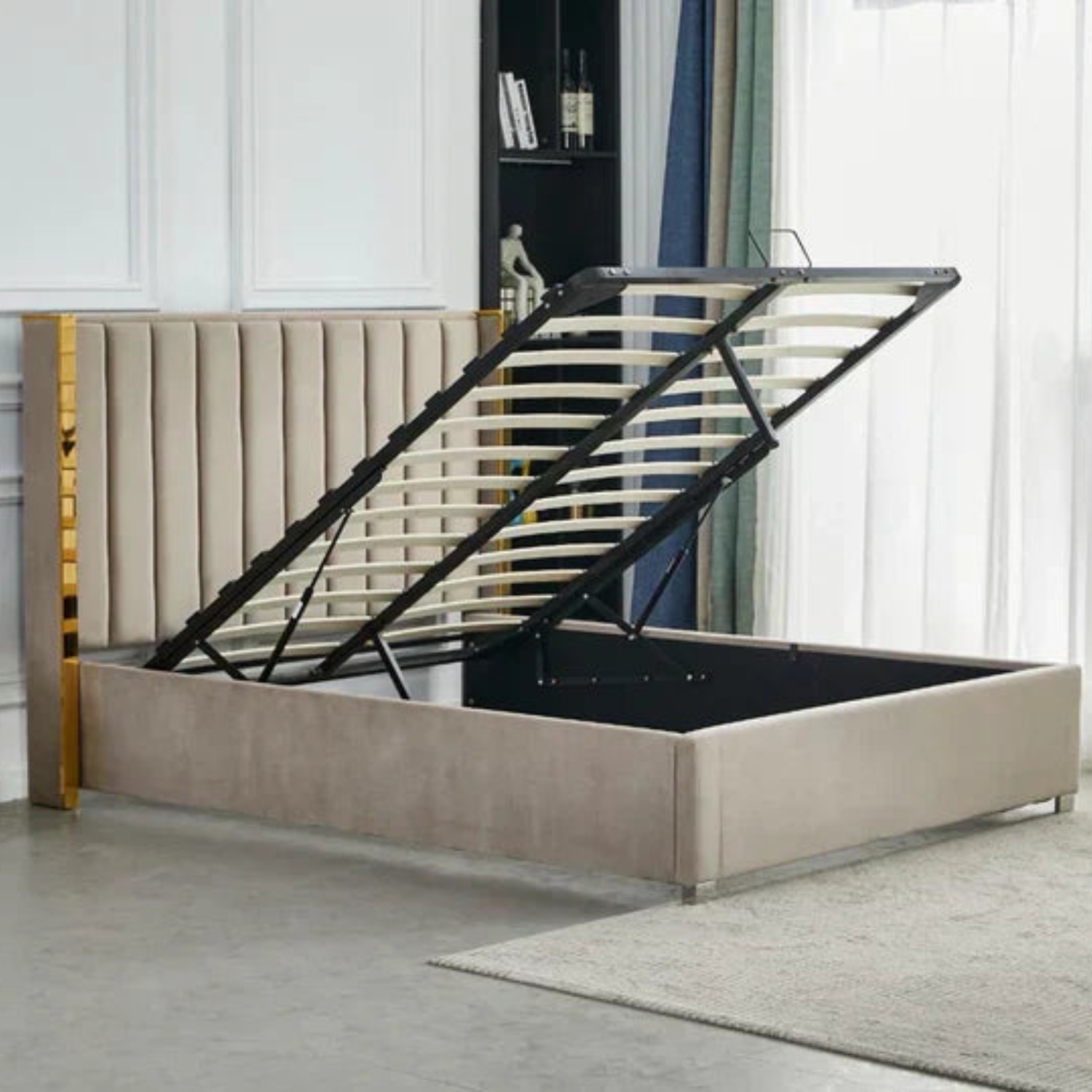 Lit Coffre avec Tête Capitonnée  avec Rangement  – Velours Taupe, Gris ou Noir – 140x200 / 160x200 cm