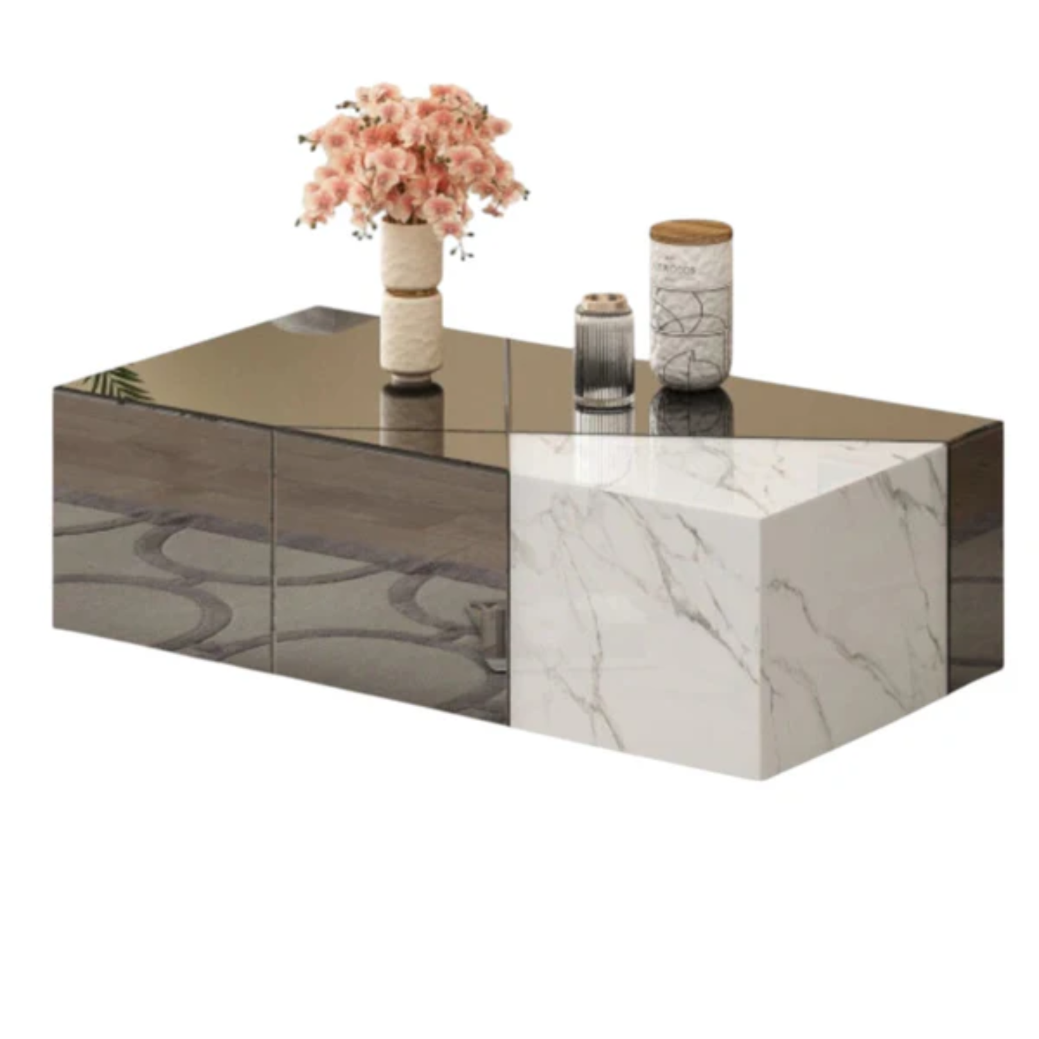 Table Basse, verre miroir, marbre gris