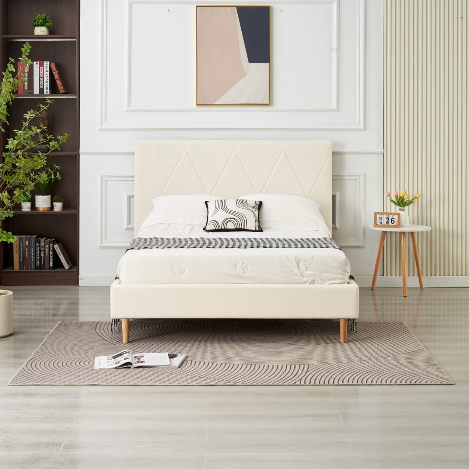 Lit Simple Pied Bois en Similicuir – Blanc, Beige, Noir, Gris – 90x190, 140x190, 160x200 cm