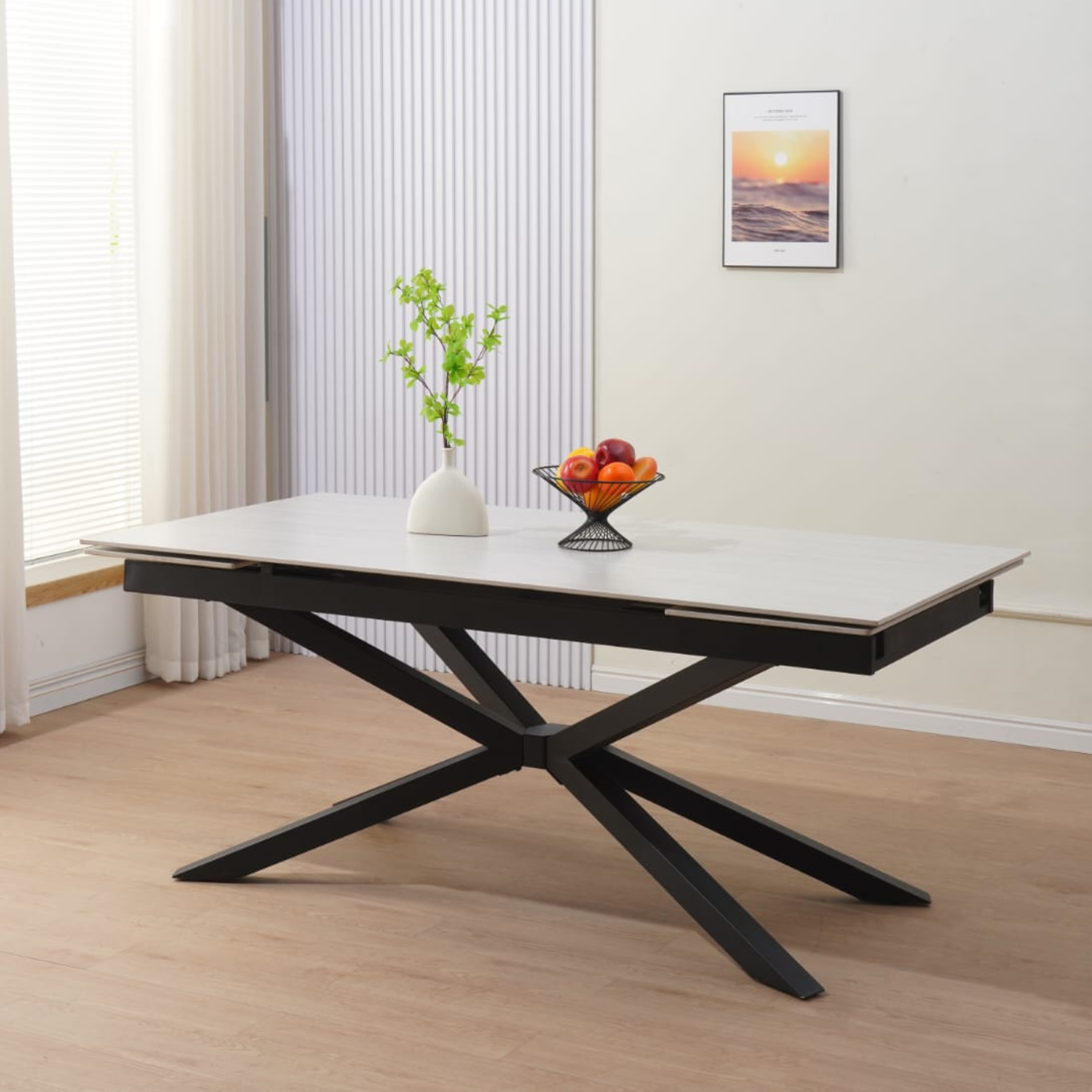 Table à manger extensible  – Plateau céramique travertin mat ou blanc –  Pied métal noir – 180/260x90x76 cm