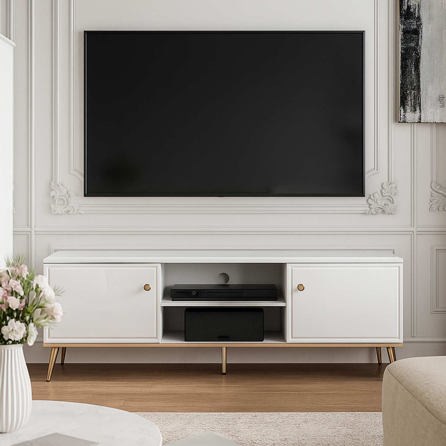 Meuble TV en Bois Blanc Laqué Brillant avec pieds dorés