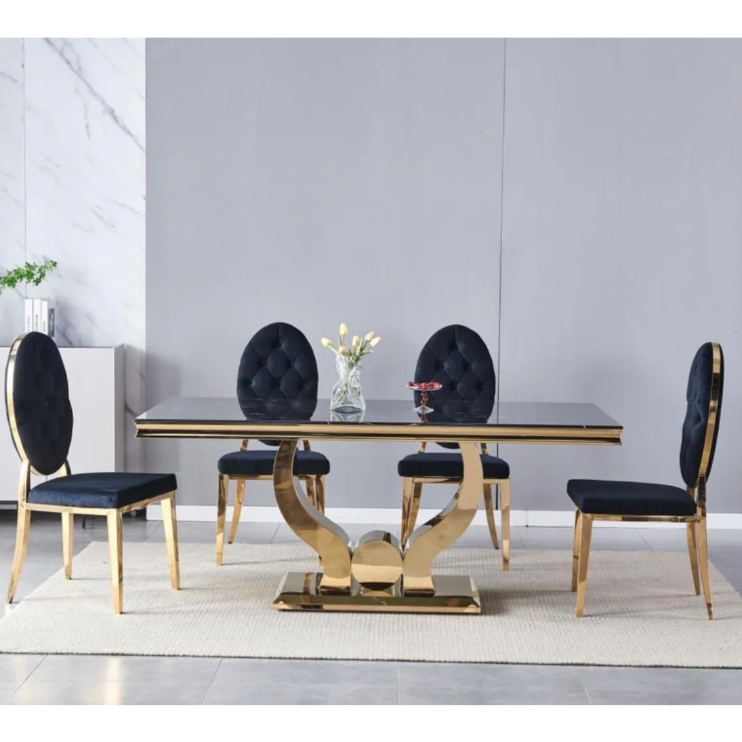 Ensemble Table à Manger Plateau Marbre Noir et 4 Chaises Velours Taupe