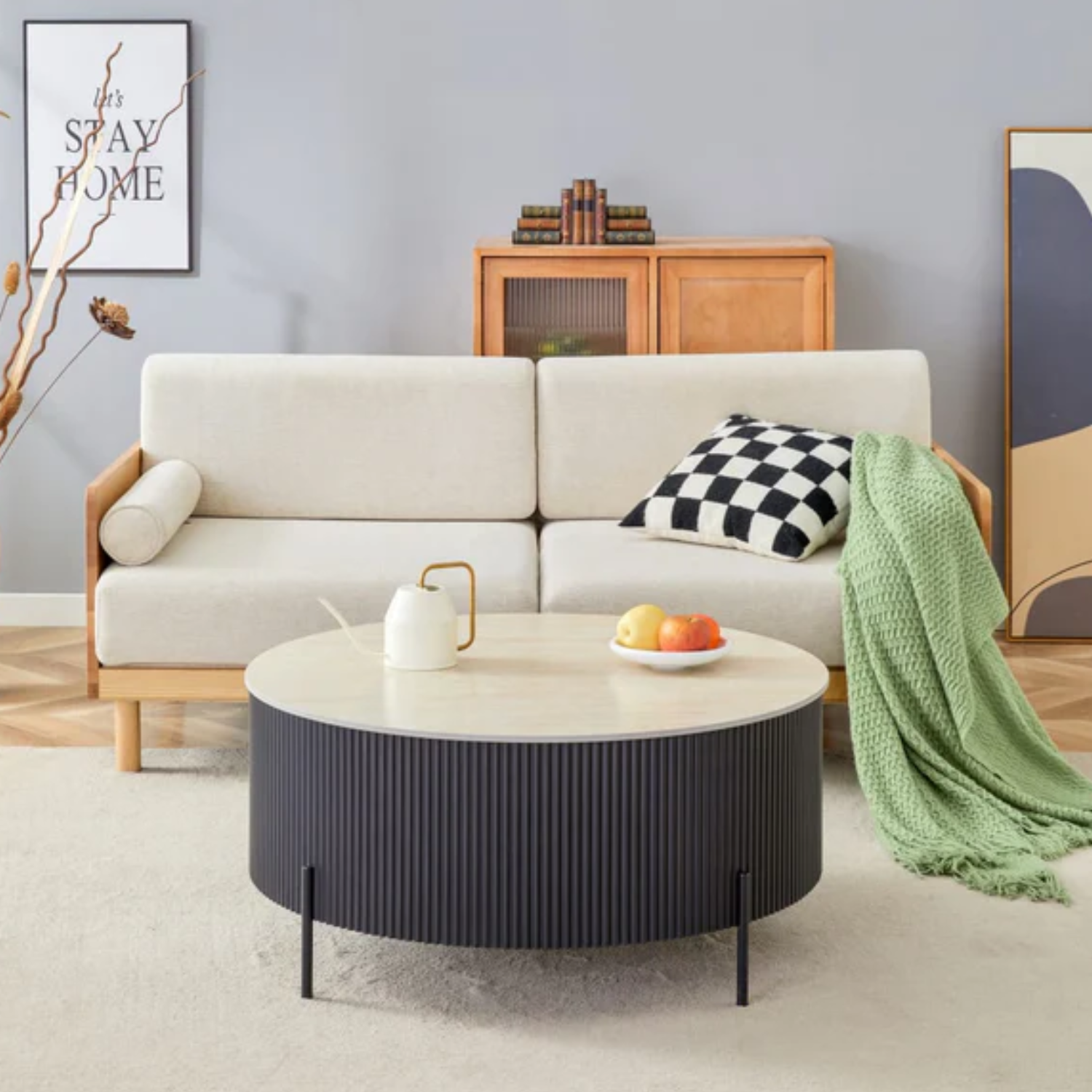 Table basse – Céramique effet travertin mat, pieds noir ou beige, Ø 80 à 100 cm