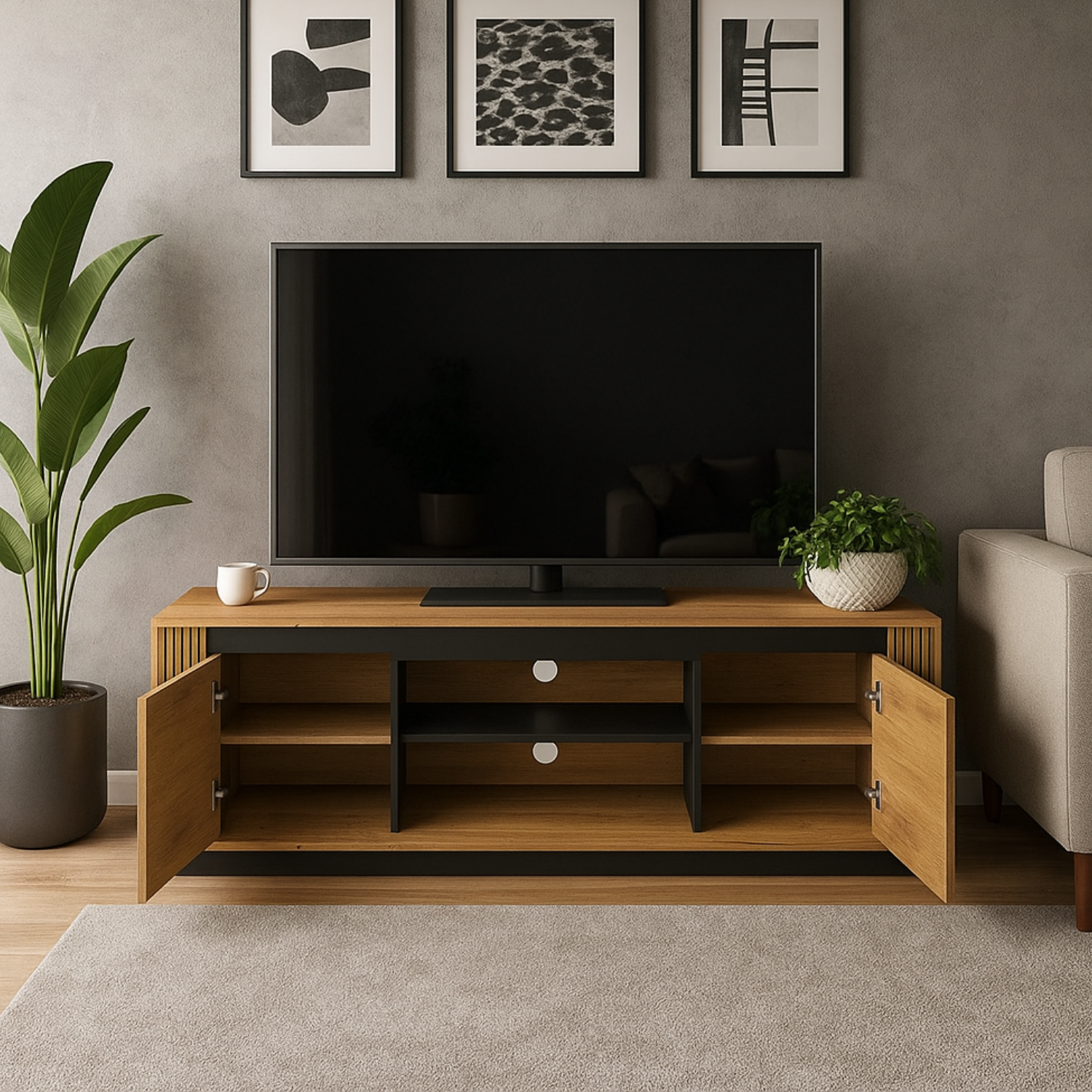 Meuble TV moderne – Chêne Craft Or et Noir – Résistant aux rayures et à l’humidité