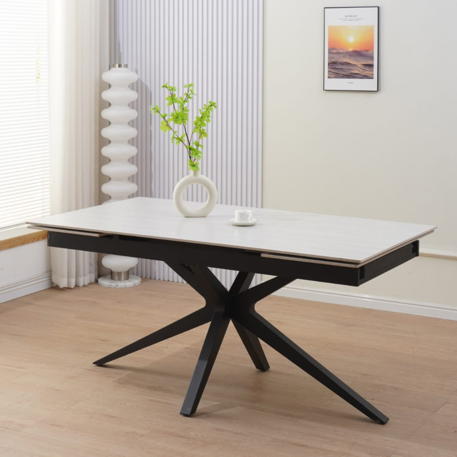 Table à manger extensible – Plateau céramique travertin mat ou blanc – Pied métal noir – 160/240x90x76 cm