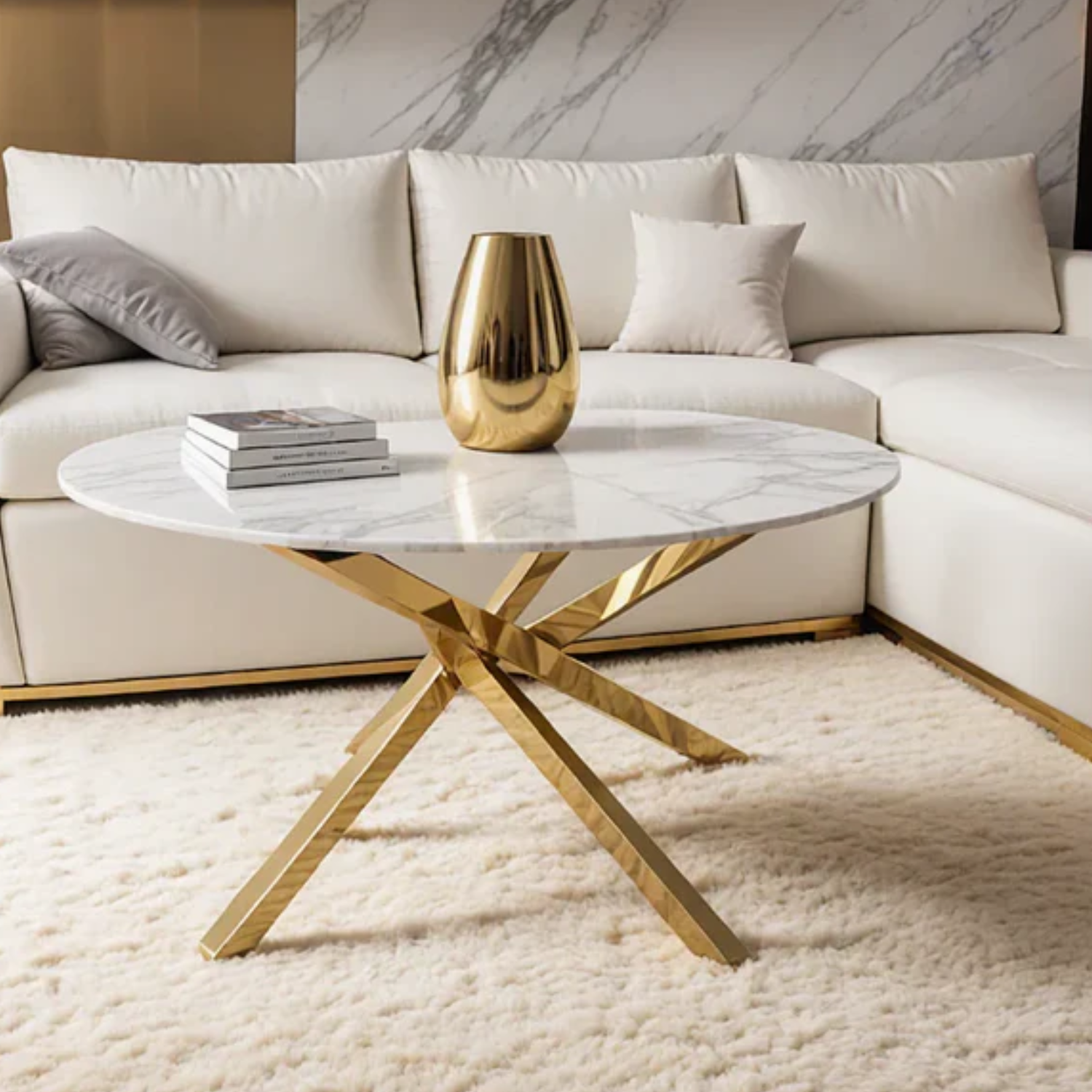 Table Basse Ronde en Verre ou Effet Marbre avec Structure Dorée ou Argentée