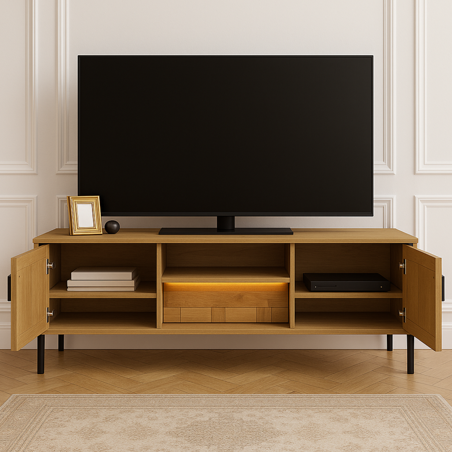 Meuble TV avec tiroir et étagères – teinte bois naturelle en deux dimensions – 139 cm et 181 cm