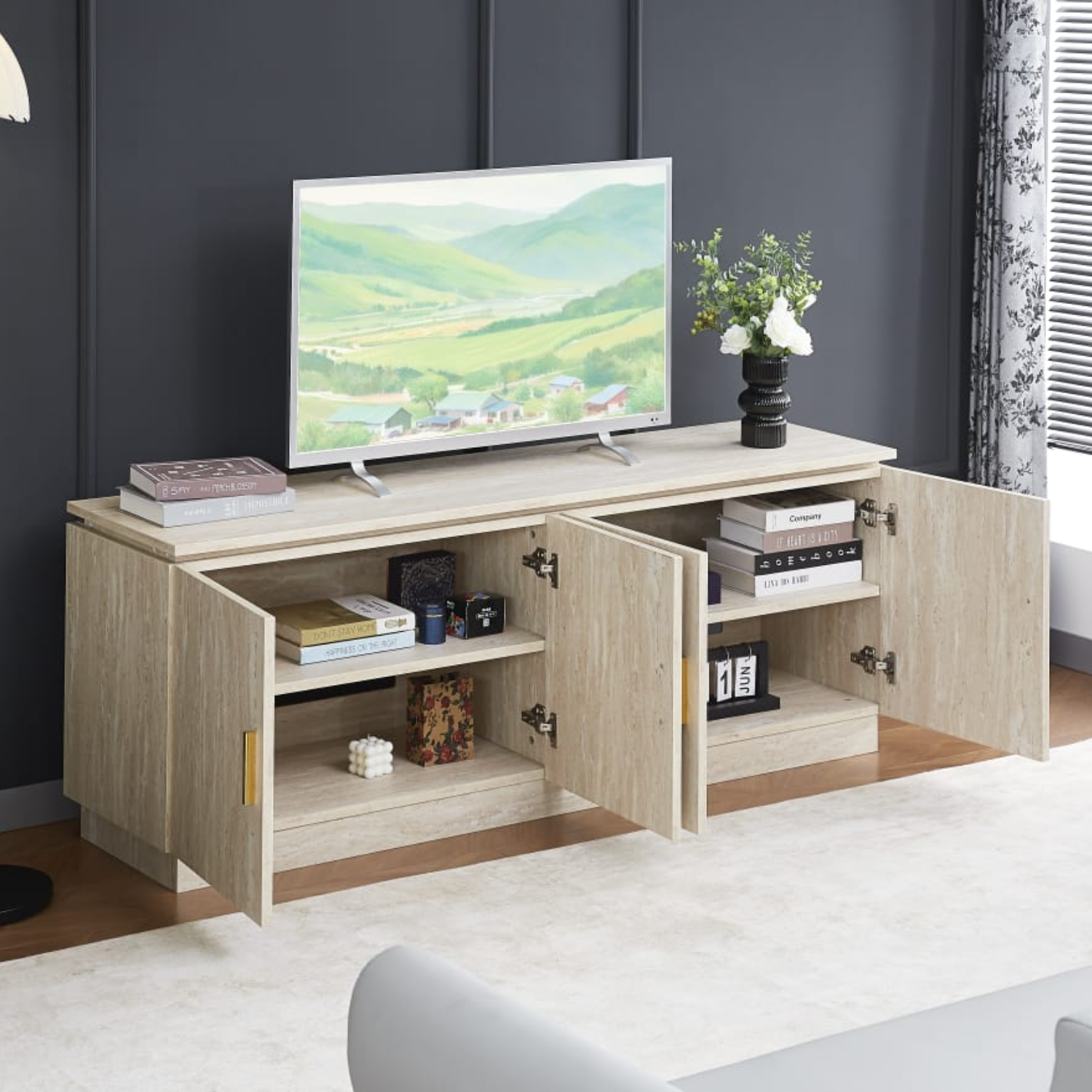 Meuble TV 160x40x61 cm – MDF Bois Clair, 4 Portes Battantes, Rangement Pratique