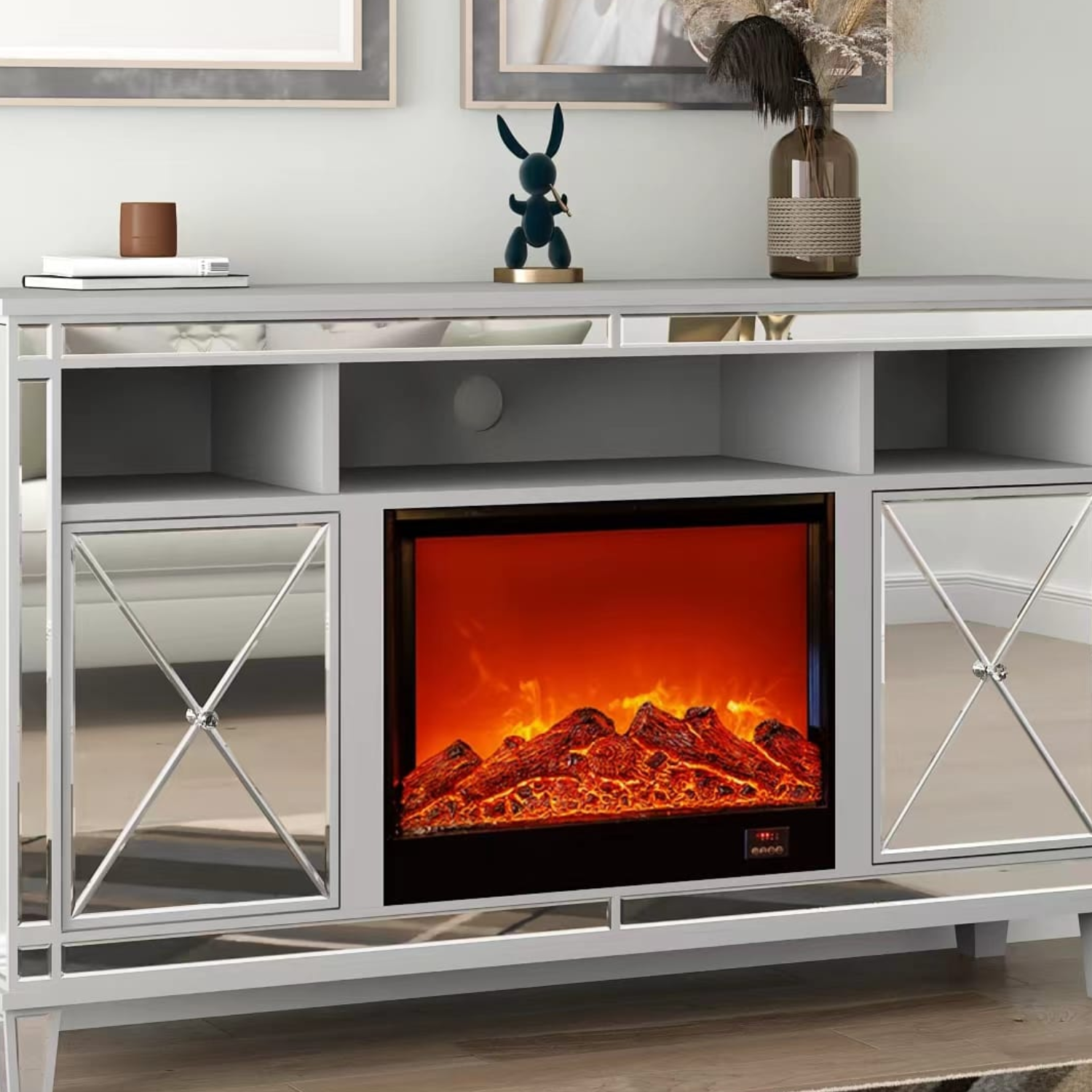Meuble TV cheminée ARION 150x40x90 cm – MDF miroir, Cheminée intégrée, Rangement pratique