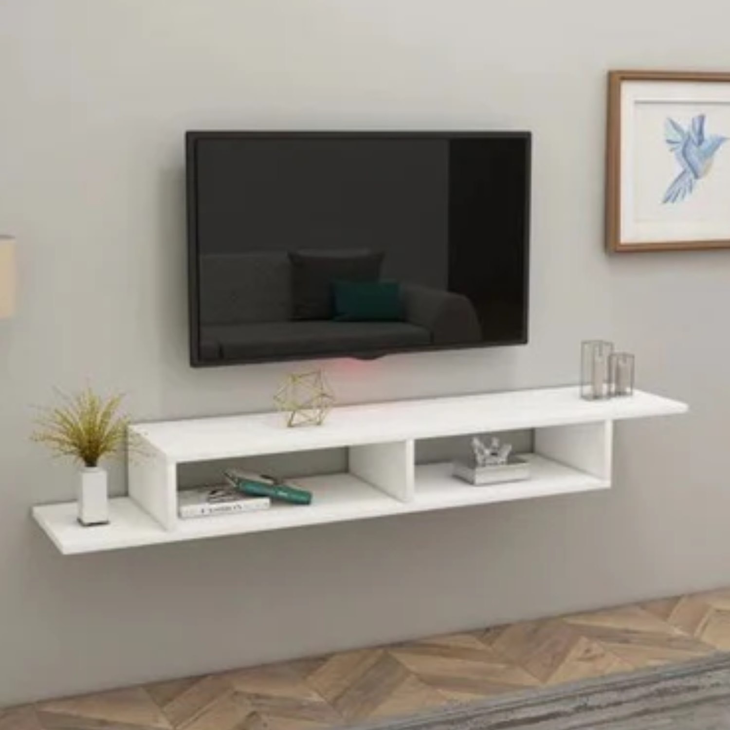 Meuble TV suspendu 130 cm – Blanc élégant à 2 compartiments