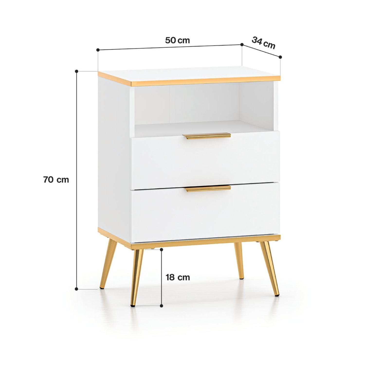 Table de chevet en bois blanc laqué mat et structure dorée