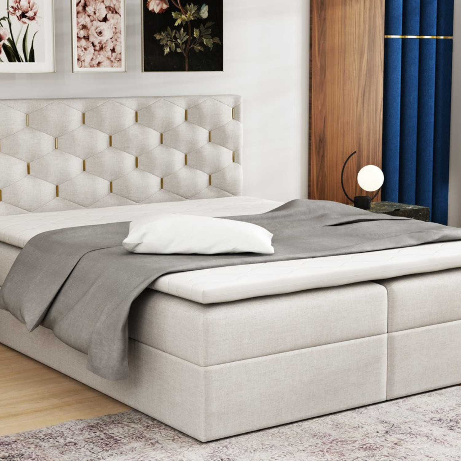 Lit coffre velours  continental 160x200 cm – Confort supérieur avec rangement intégré