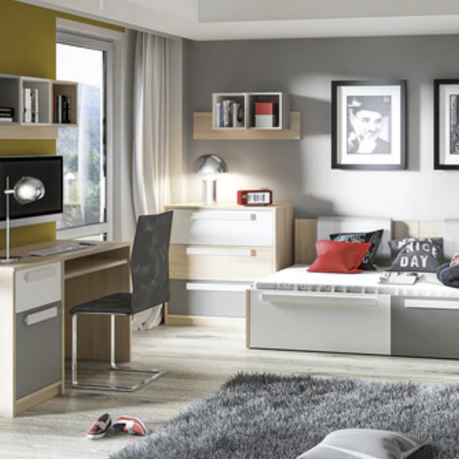 Bureau moderne Hêtre Fjord + Blanc, design élégant avec bordure ABS et finition résistante