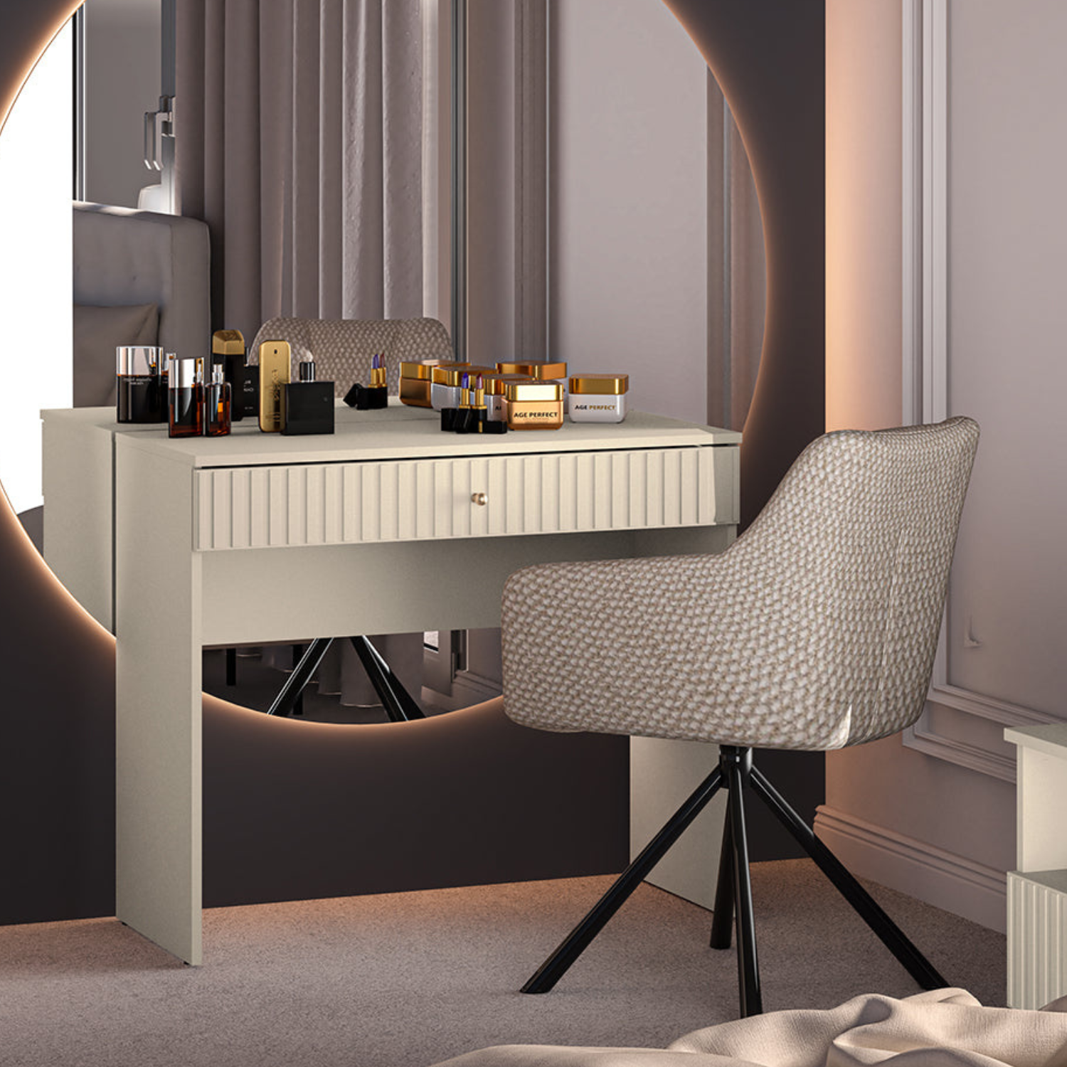 Coiffeuse Sofina en MDF Cachemire avec Tiroir Spacieux et Pieds Métalliques Noirs
