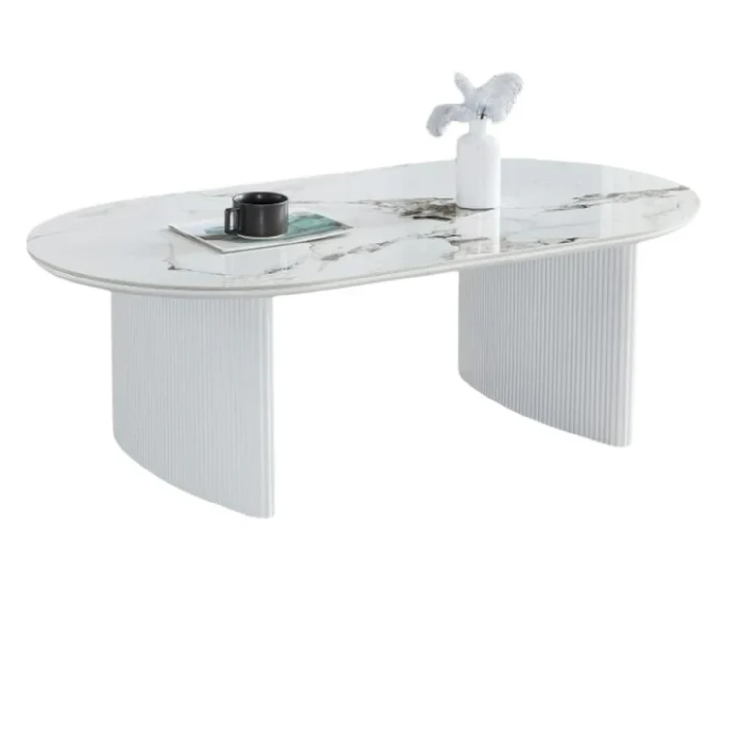 Table basse Plateau en marbre Céramique beige et Piètement en Bois Laqué