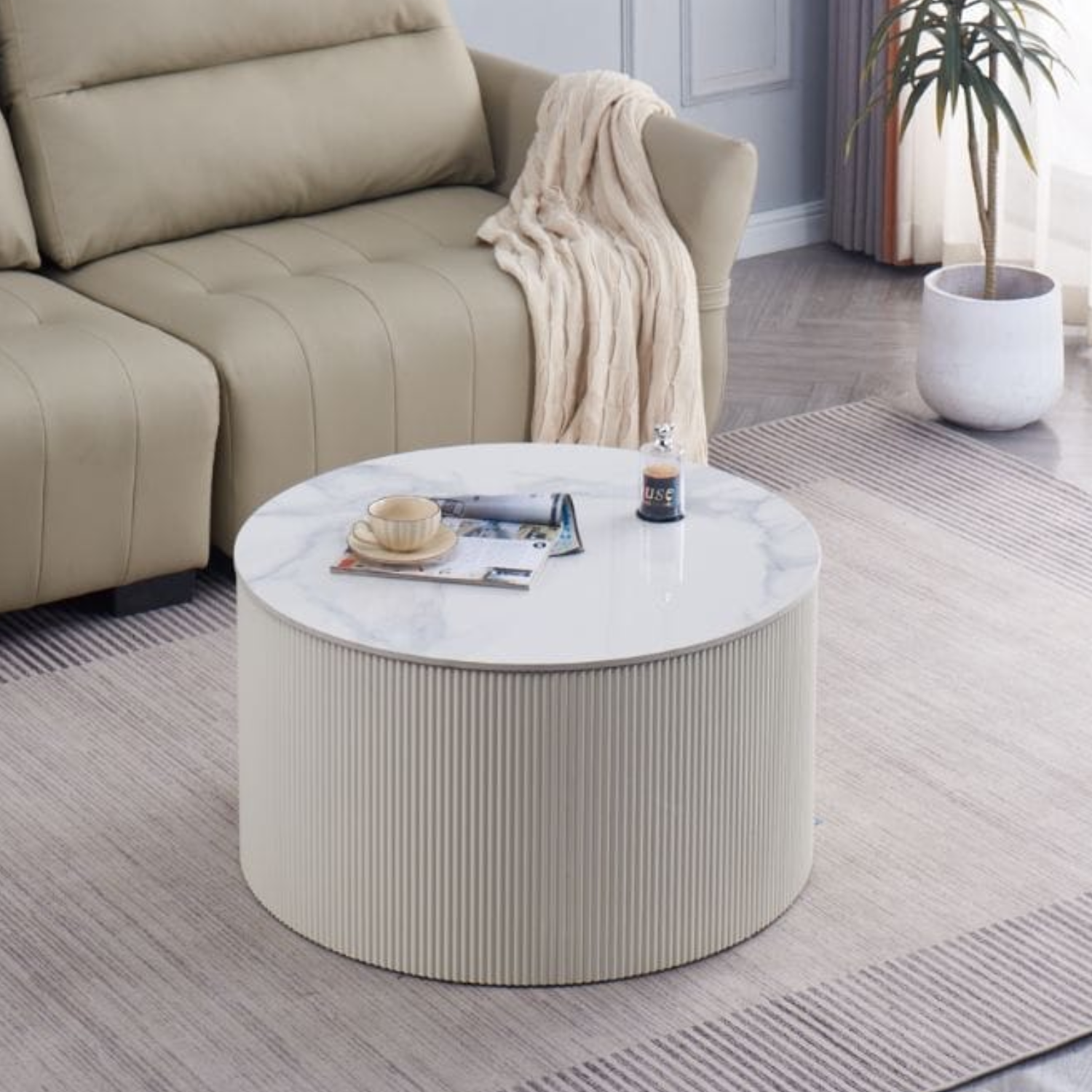 Table Basse Plateau en Céramique Marbre en Blanc ou Gris avec Piètement Noir ou Beige