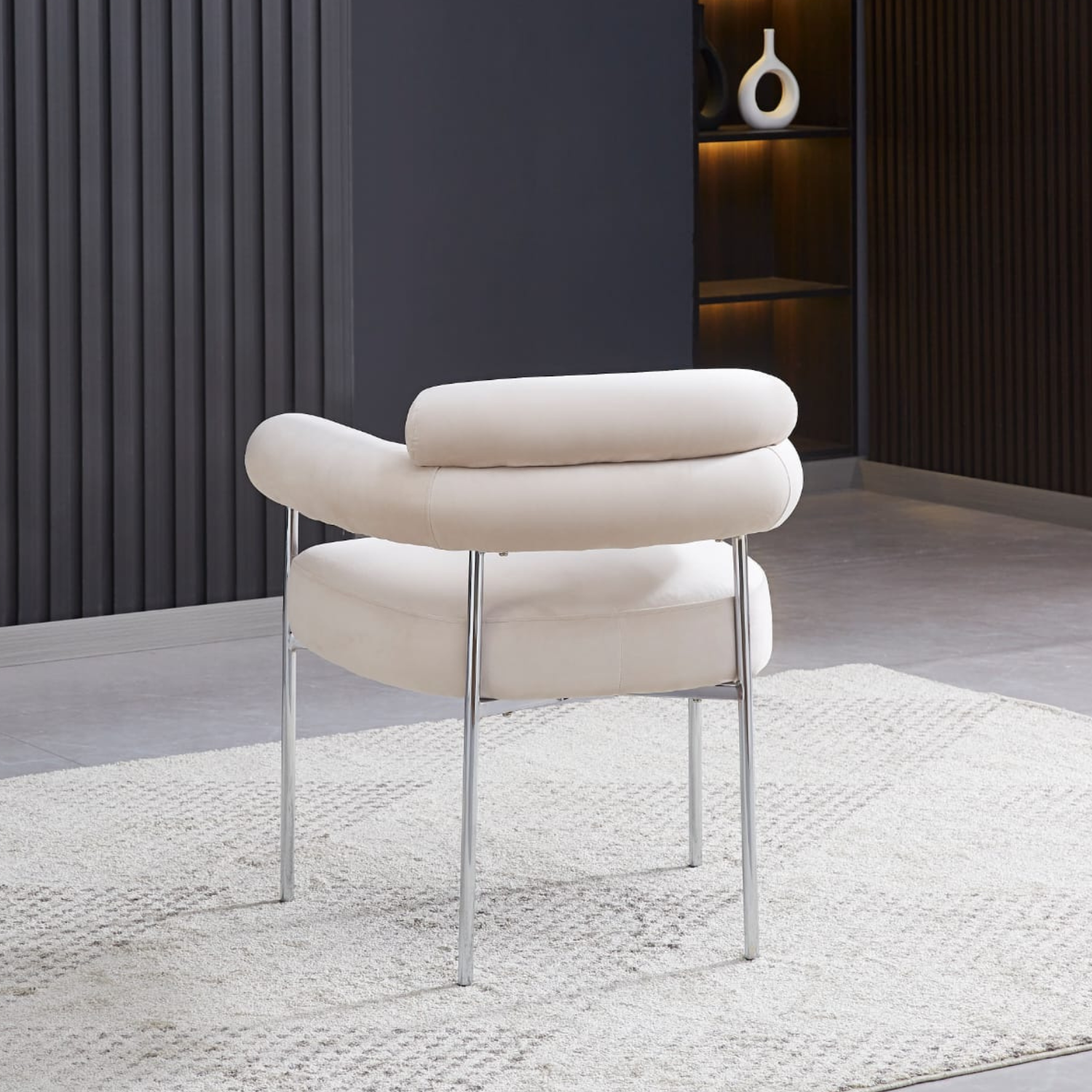 Ensemble de table à manger  Ronde en verre et 4 chaises en Velours Beige avec Pieds argenté