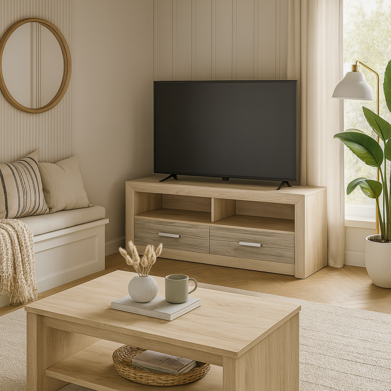 Meuble TV moderne Sonoma Light & Truffe – design élégant avec tiroirs renforcés