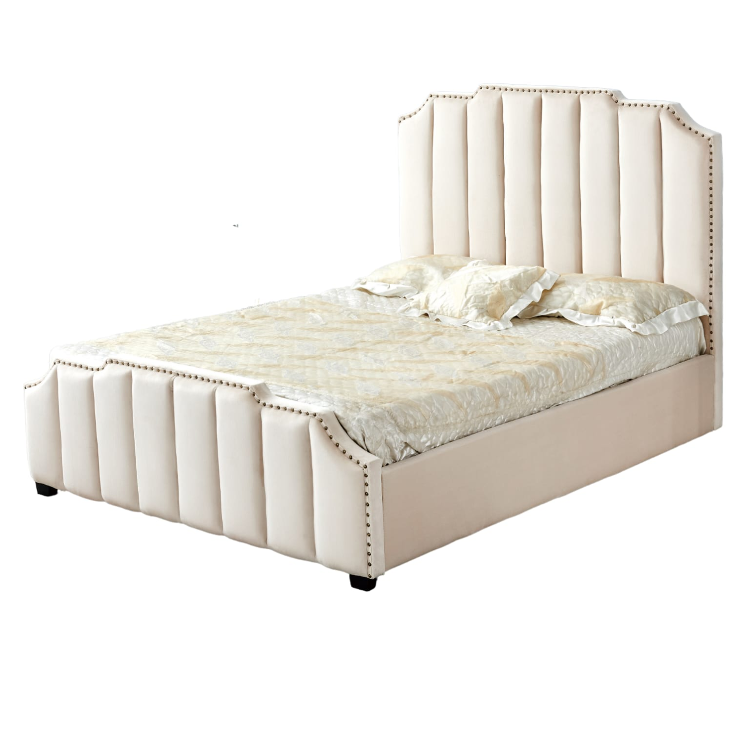 Lit capitonné en ligne revêtement en velours et sommier à latte en bois-160x200 cm