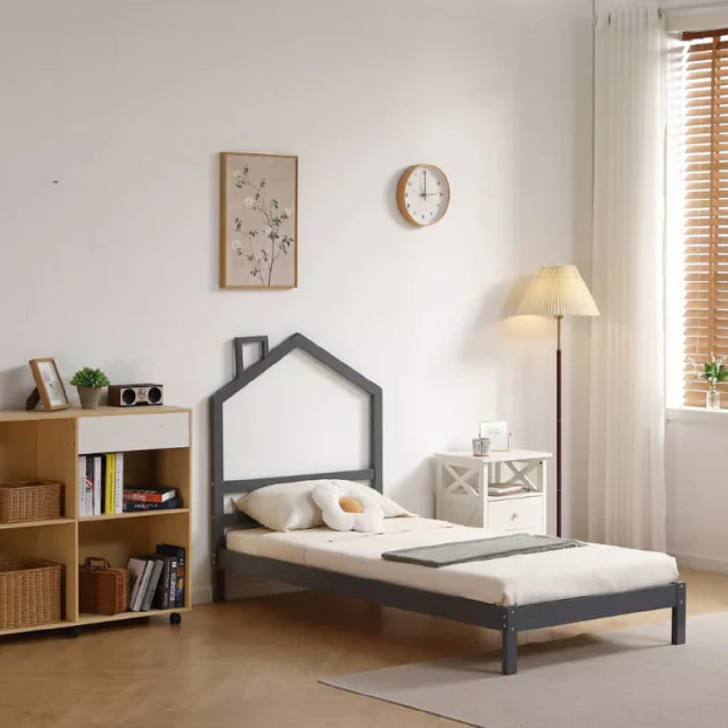 Lit Enfant  – Design Naturel en Bois Blanc et Gris 90x190 cm