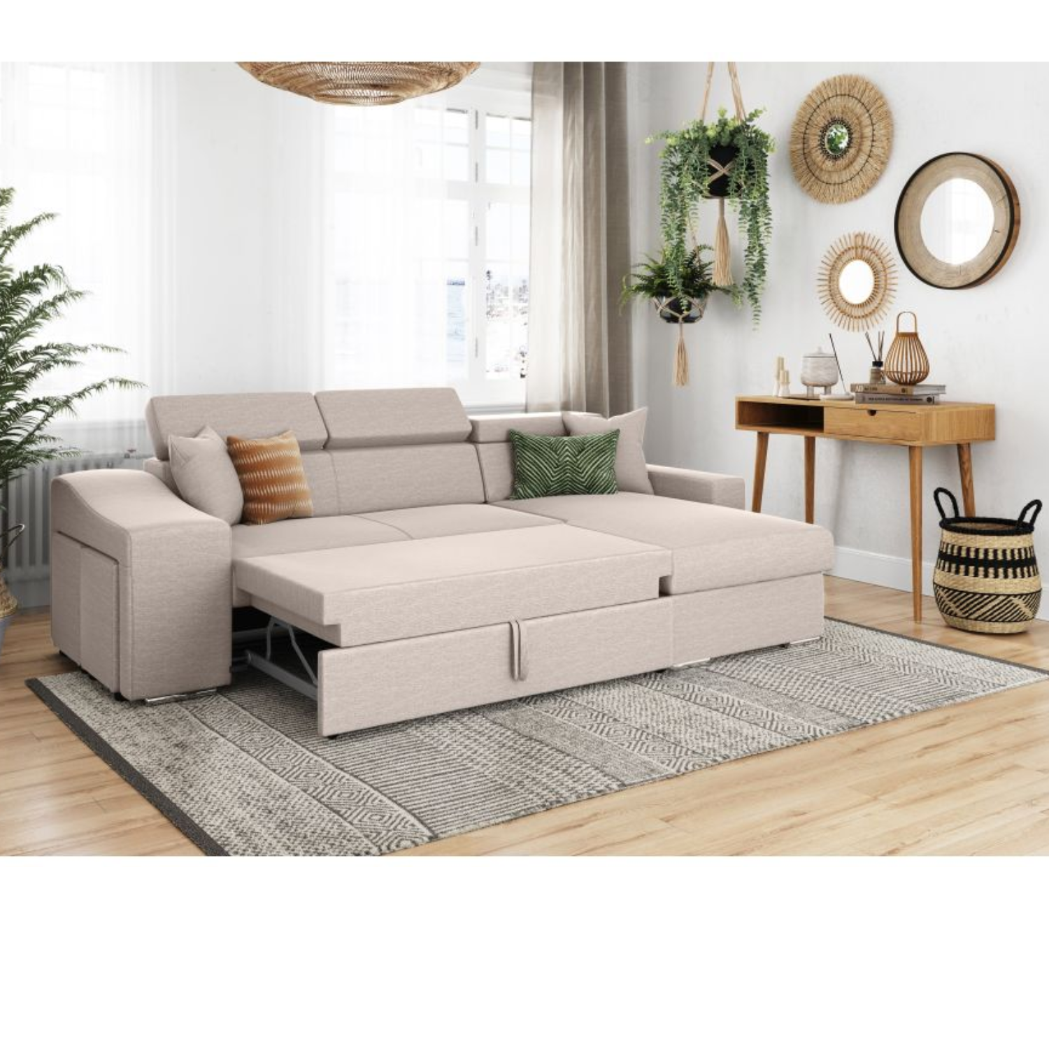 Canapé d'angle réversible, convertible avec coffre et 2 poufs en tissu