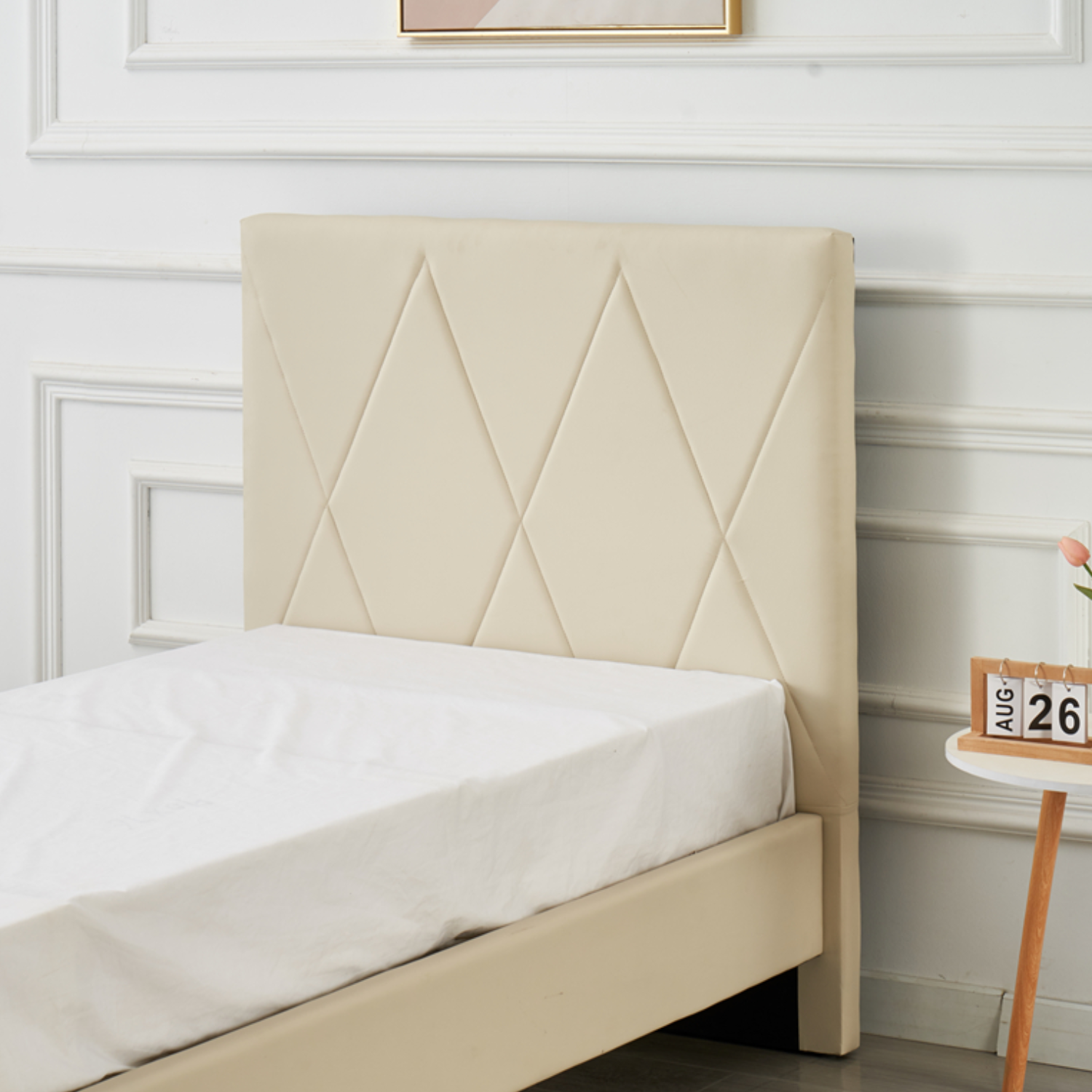 Lit Simple Pied Bois en Similicuir – Blanc, Beige, Noir, Gris – 90x190, 140x190, 160x200 cm