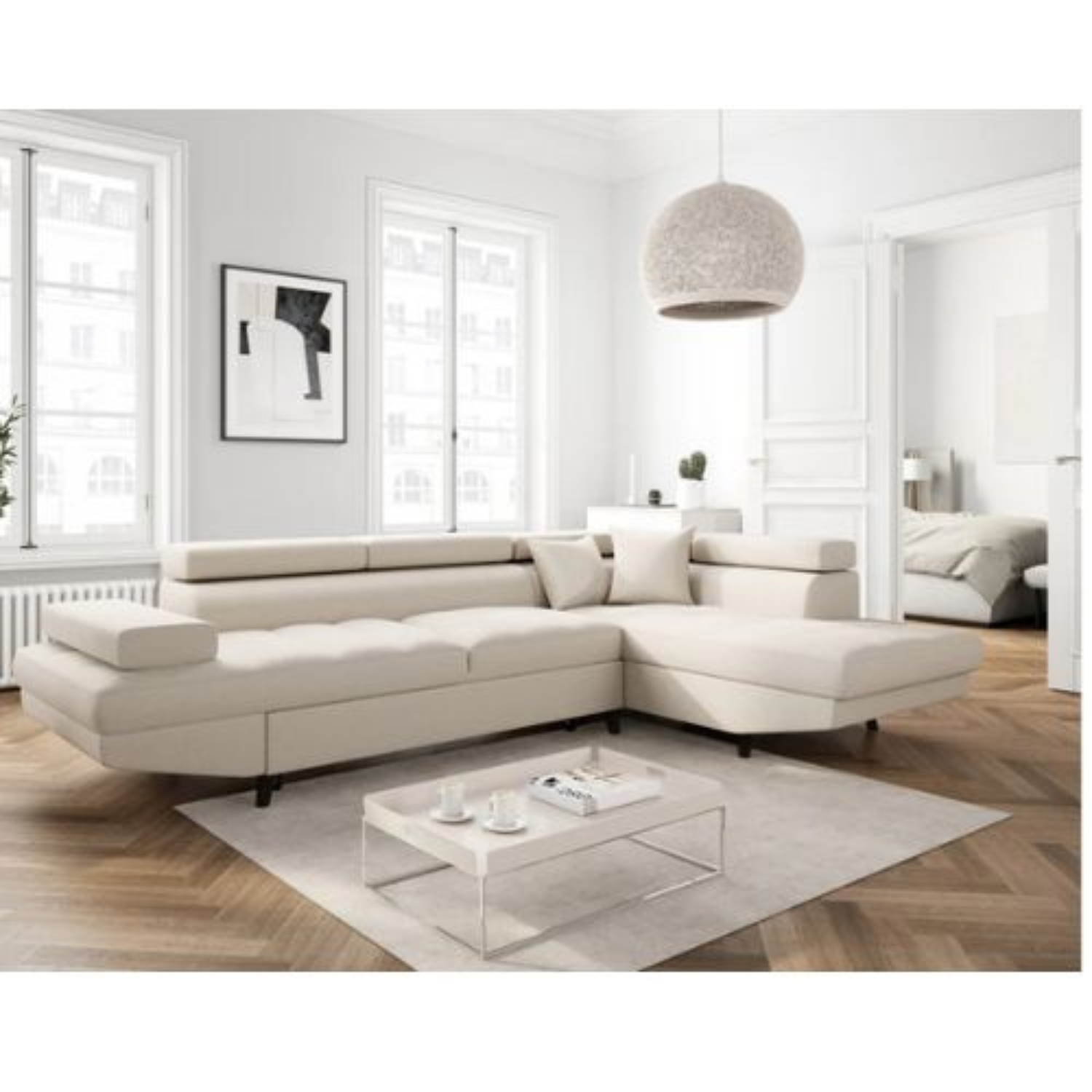 Canapé d'angle  convertible panoramique 5 places avec coffre – Confort, design et praticité au quotidien