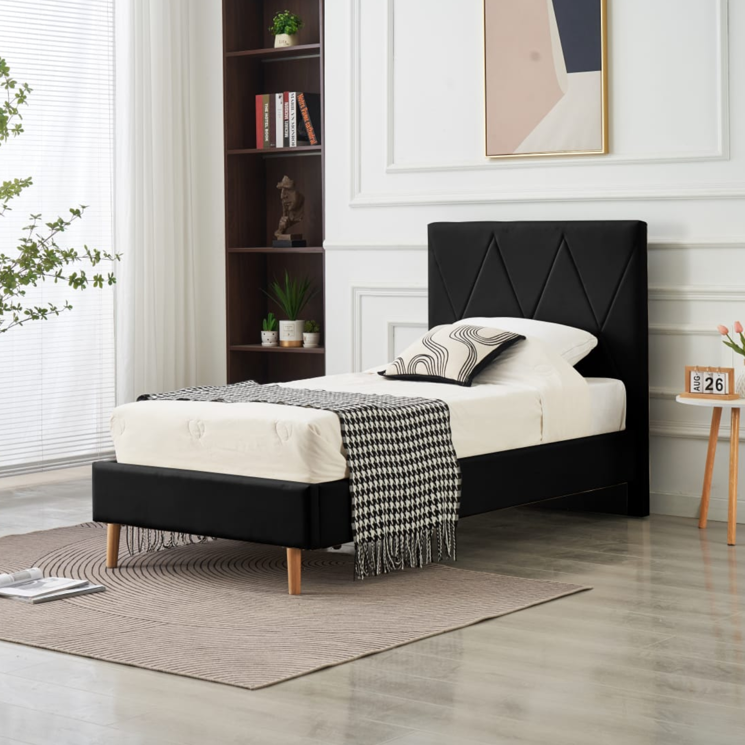 Lit Simple Pied Bois en Similicuir – Blanc, Beige, Noir, Gris – 90x190, 140x190, 160x200 cm