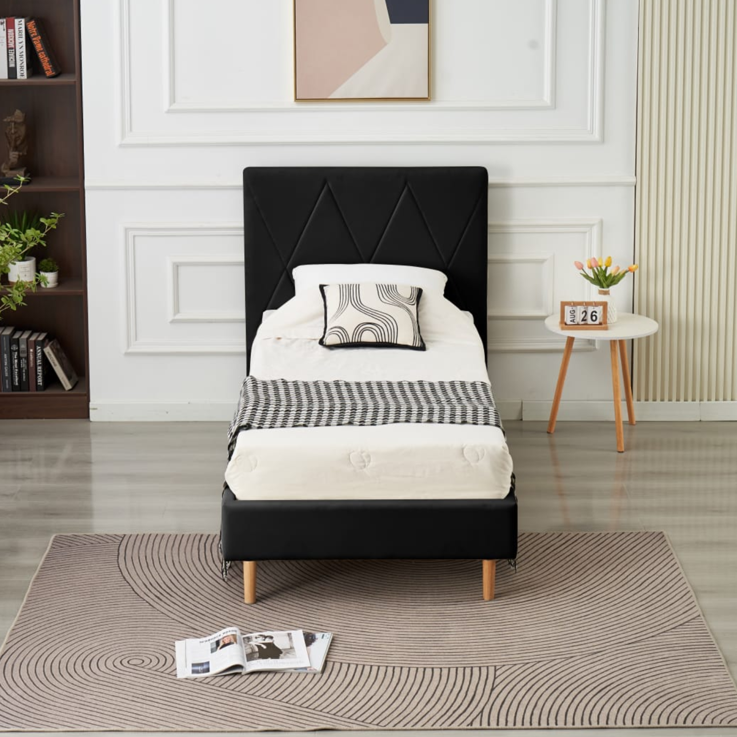 Lit Simple Pied Bois en Similicuir – Blanc, Beige, Noir, Gris – 90x190, 140x190, 160x200 cm