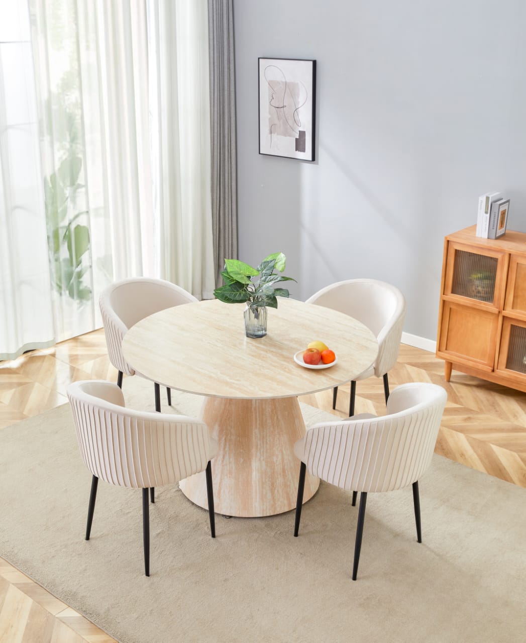 Table repas  – Élégance naturelle et design contemporain – Céramique effet travertin – 120 cm - Decora Home