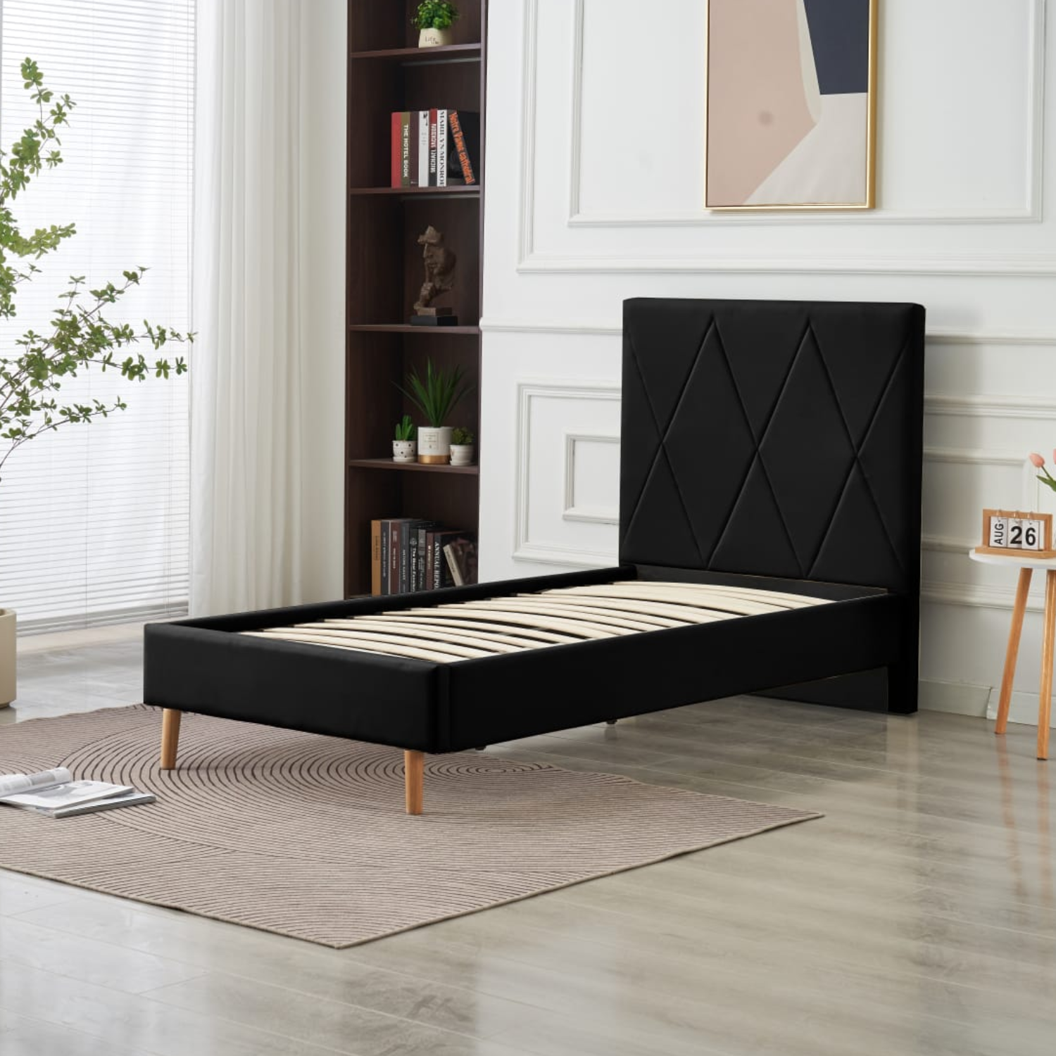 Lit Simple Pied Bois en Similicuir – Blanc, Beige, Noir, Gris – 90x190, 140x190, 160x200 cm