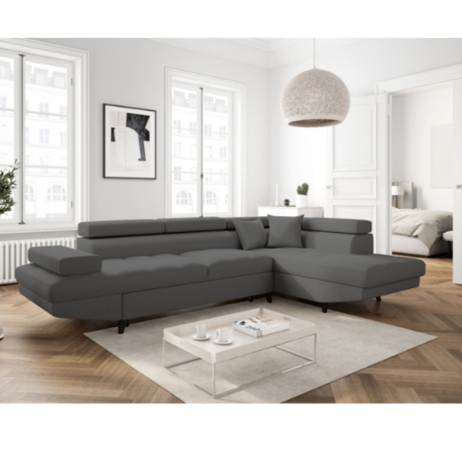 Canapé d'angle  convertible panoramique 5 places avec coffre – Confort, design et praticité au quotidien