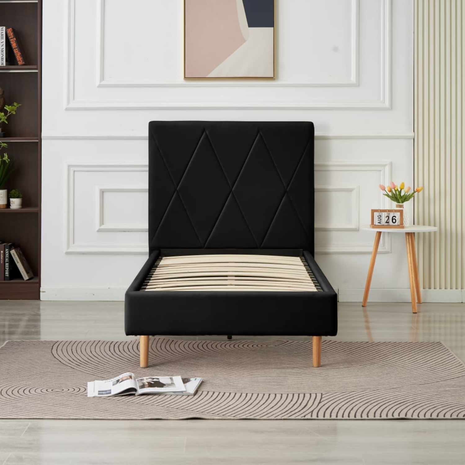 Lit Simple Pied Bois en Similicuir – Blanc, Beige, Noir, Gris – 90x190, 140x190, 160x200 cm