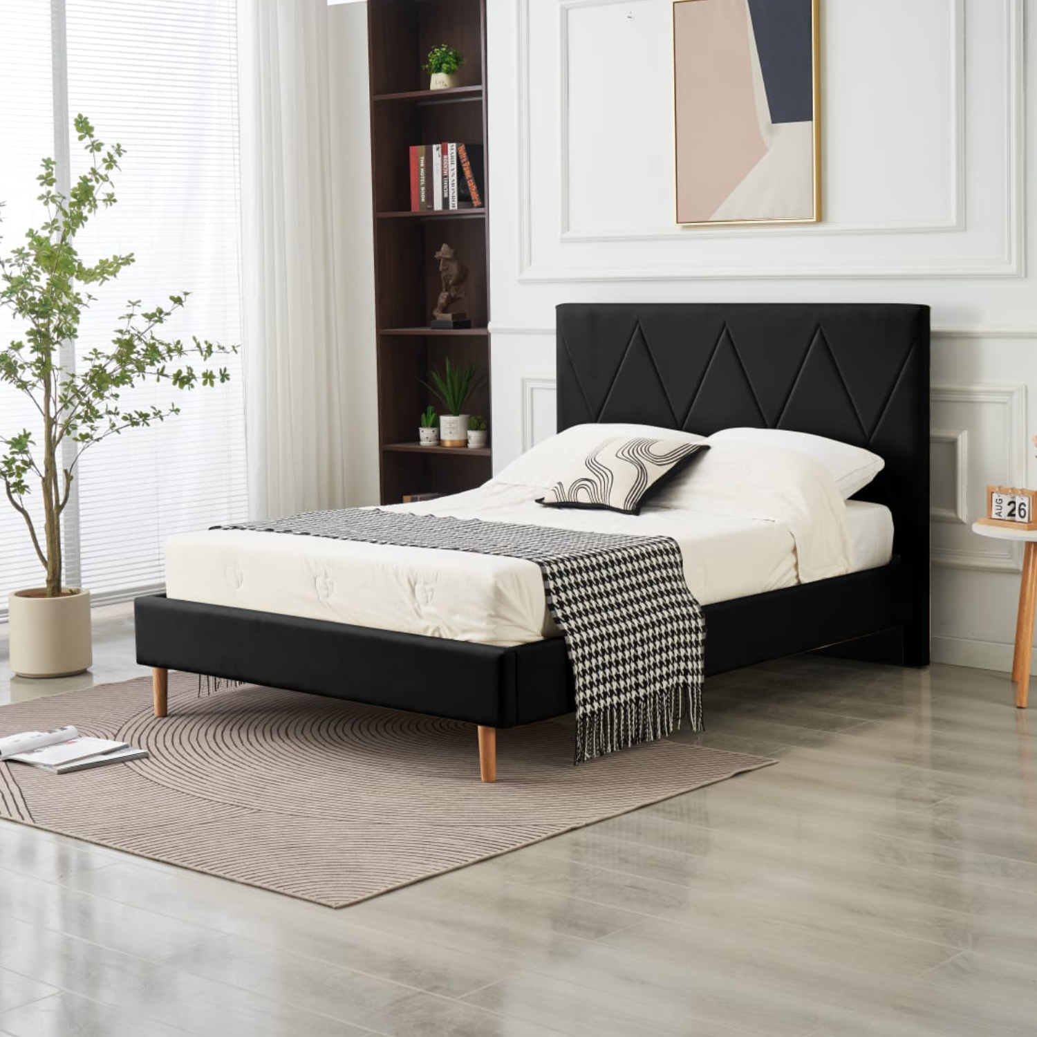 Lit Simple Pied Bois en Similicuir – Blanc, Beige, Noir, Gris – 90x190, 140x190, 160x200 cm