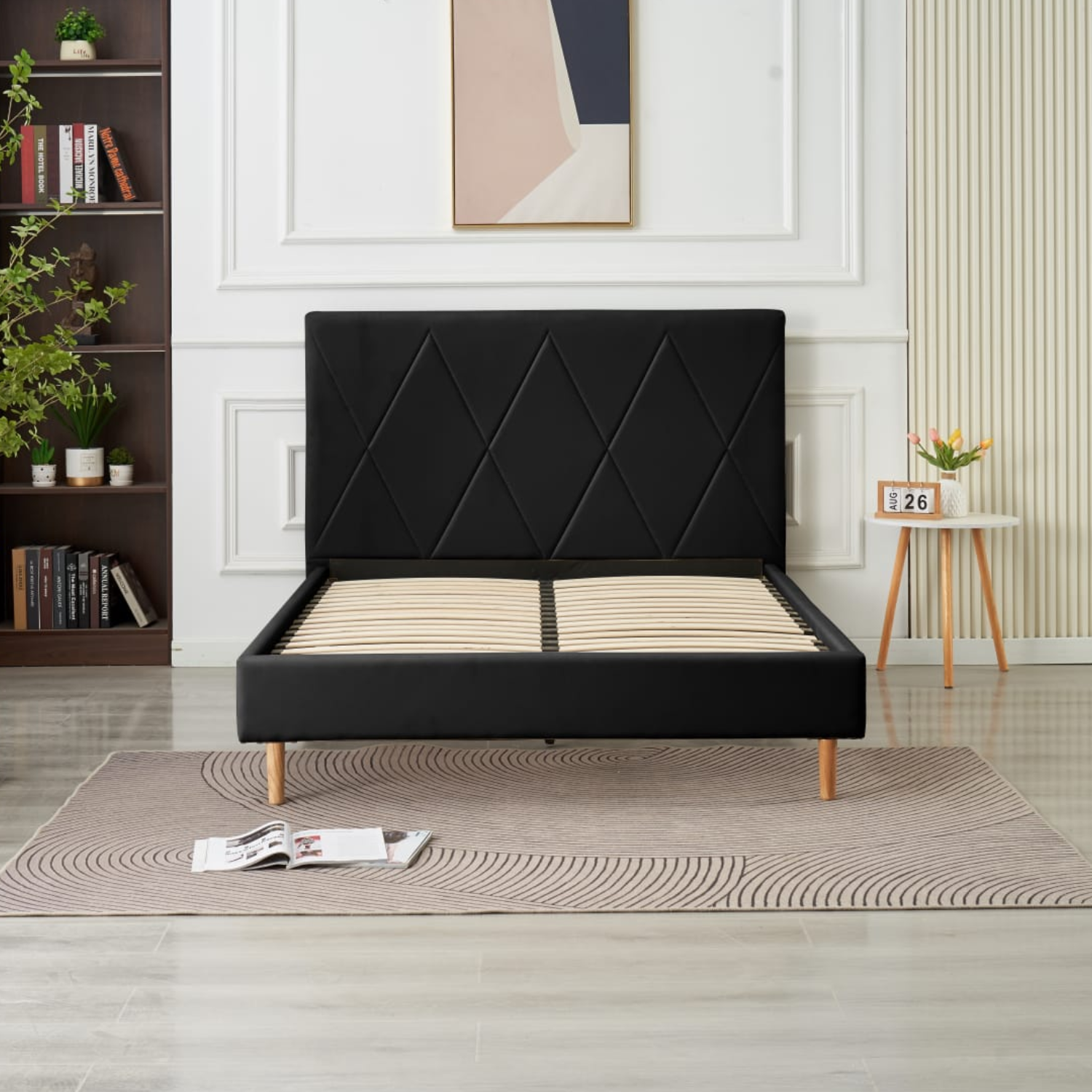 Lit Simple Pied Bois en Similicuir – Blanc, Beige, Noir, Gris – 90x190, 140x190, 160x200 cm