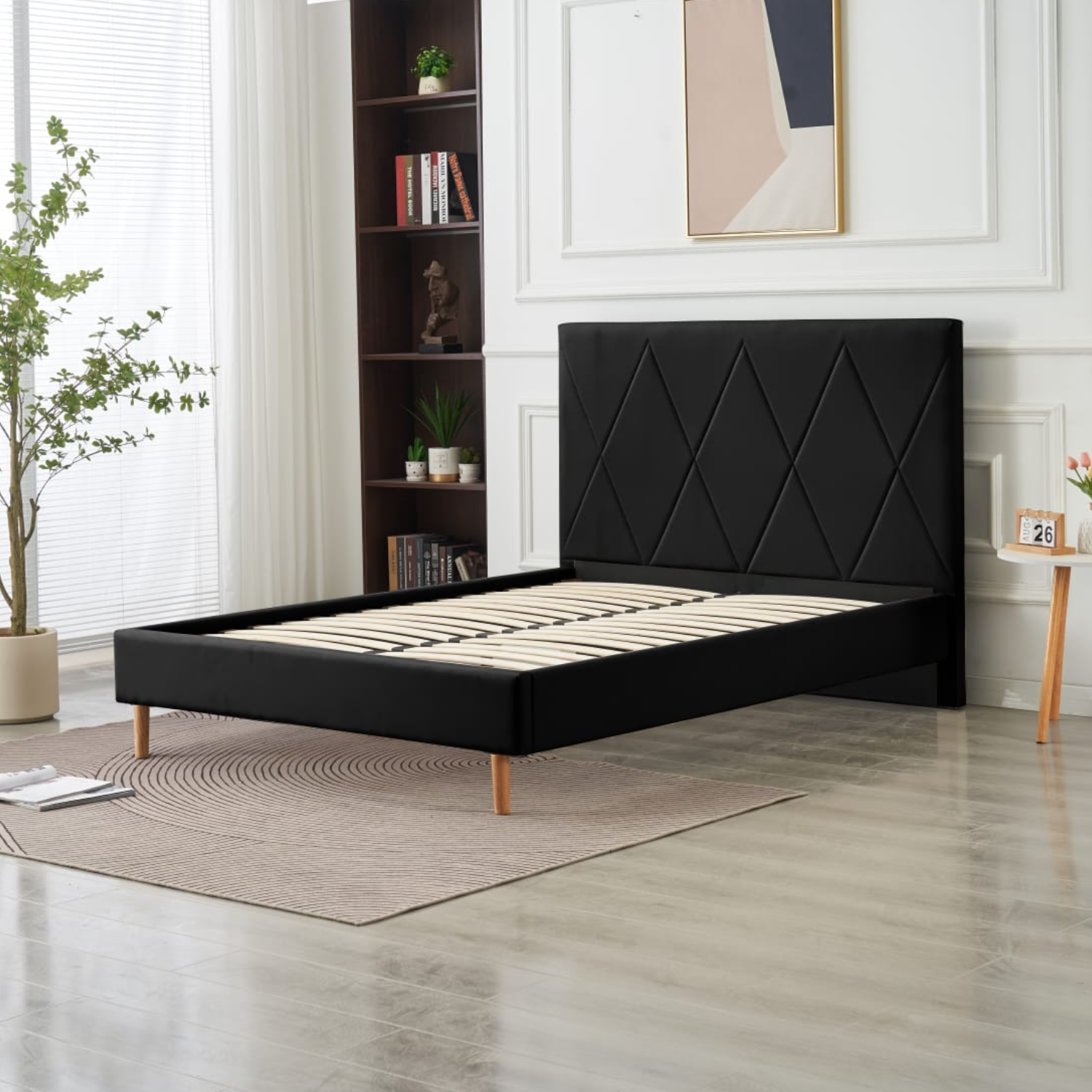 Lit Simple Pied Bois en Similicuir – Blanc, Beige, Noir, Gris – 90x190, 140x190, 160x200 cm