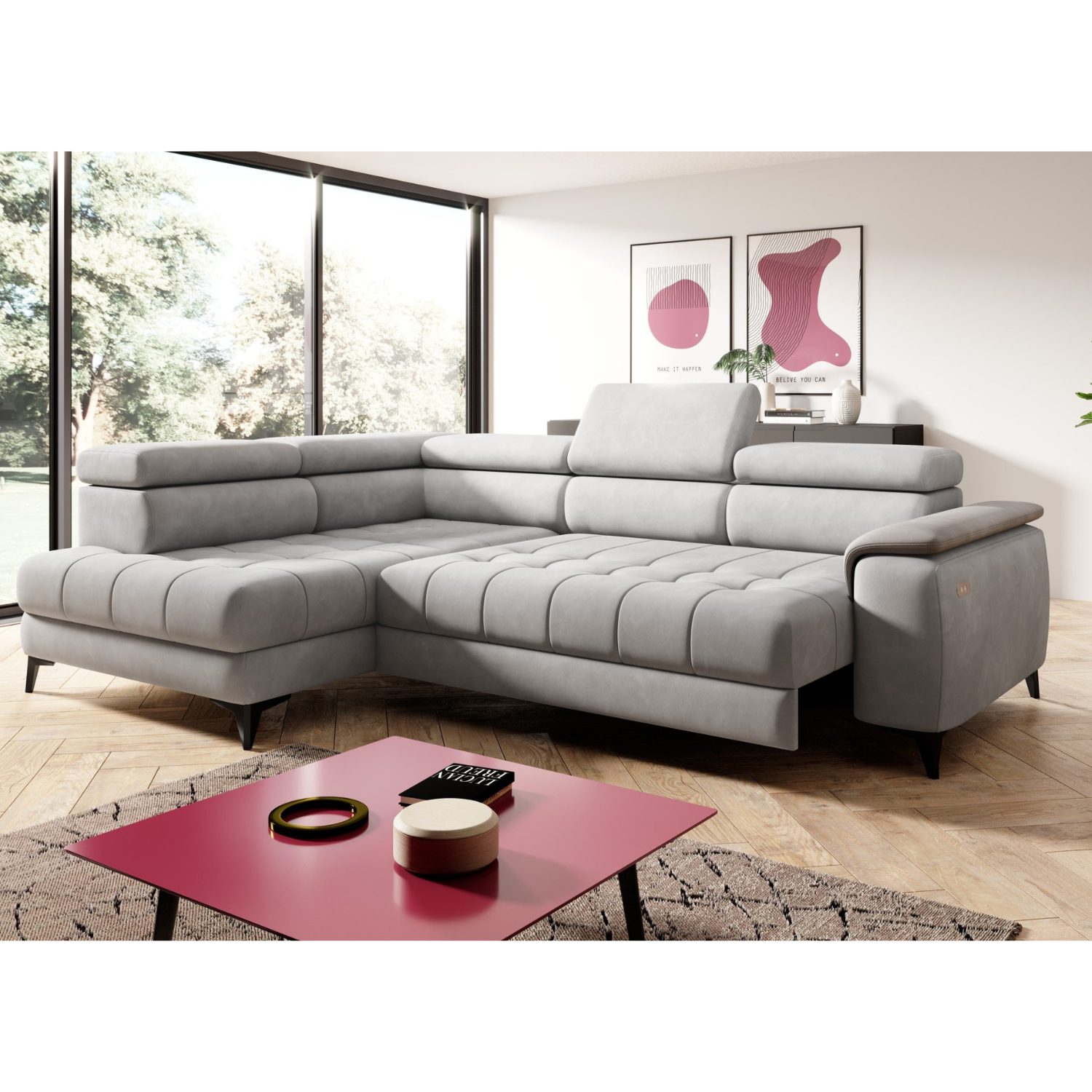 Canapé d’angle convertible électrique avec appuie-têtes réglables