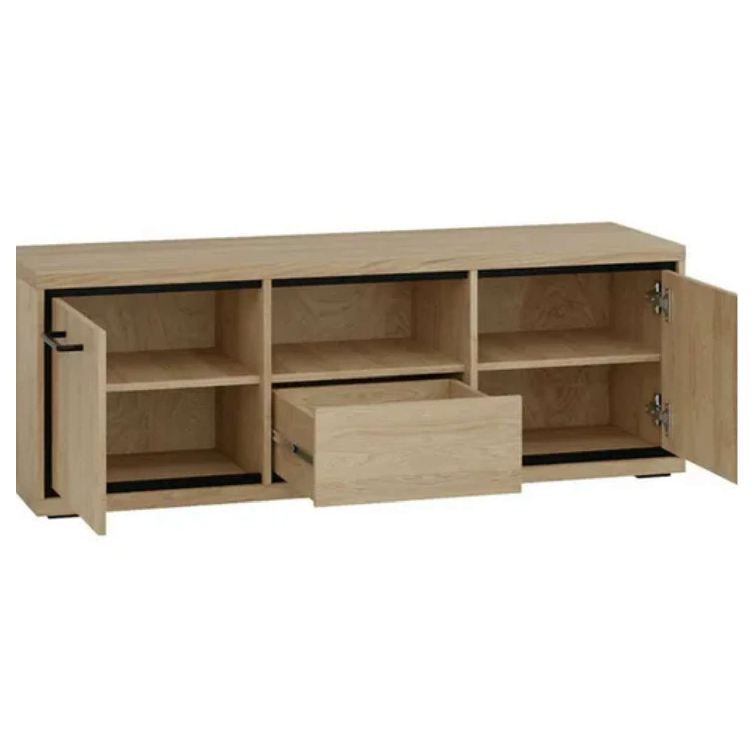 Meuble TV avec tiroir et étagères – teinte bois naturelle en deux dimensions – 139 cm et 181 cm
