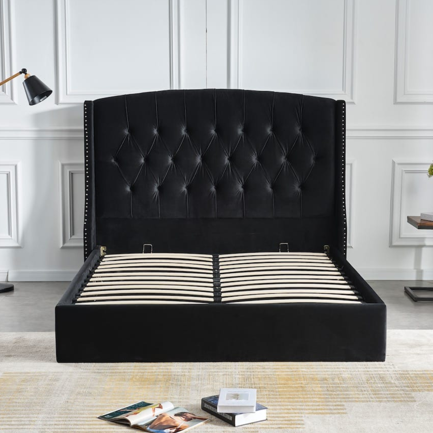 Lit coffre en velours capitonné – Sommier à lattes et rangement intégré – 180x200 cm – Gris, Beige ou Noir