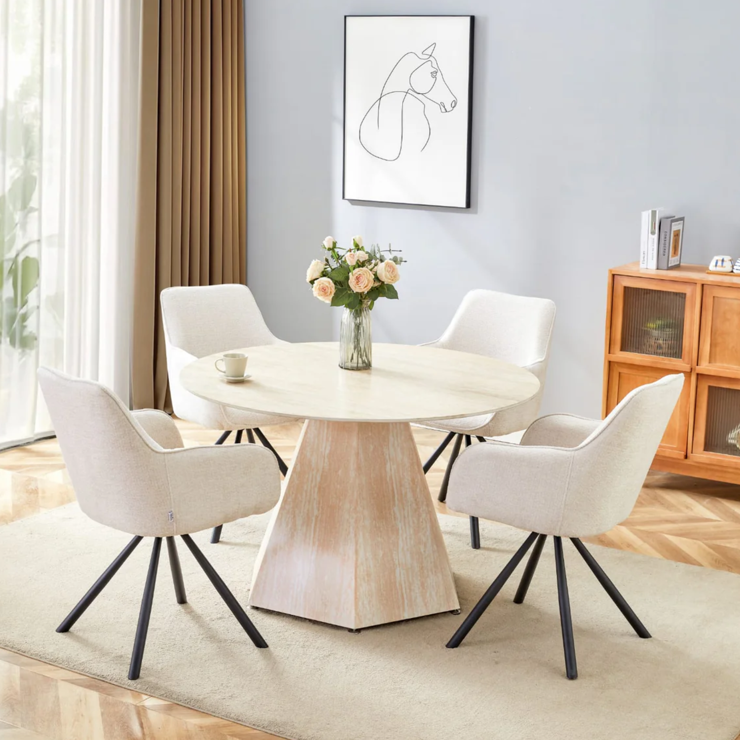 Table à manger – 120 cm – Plateau en céramique effet travertin mat