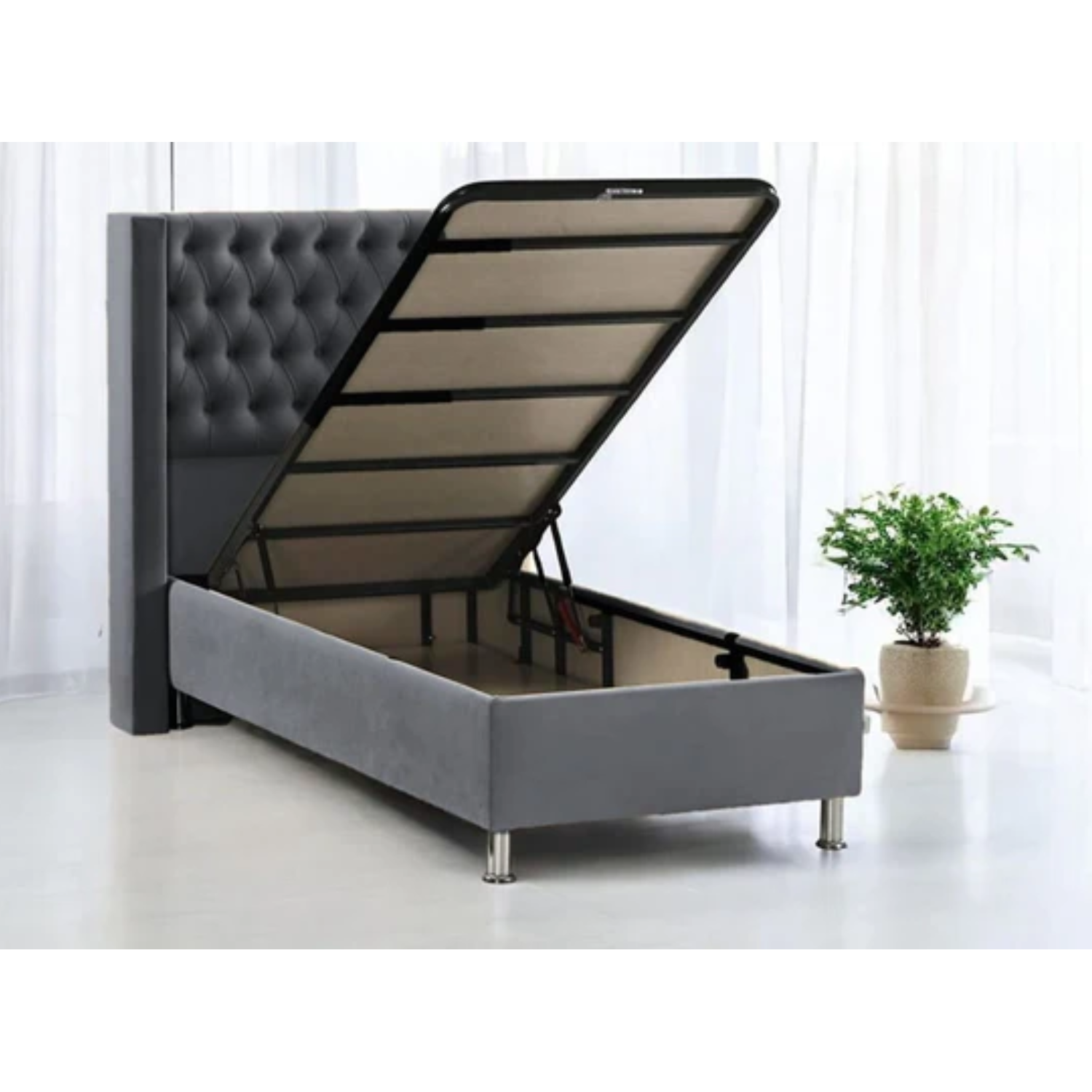 Lit Coffre 90x190 en Velours – Tête Capitonnée et Rangement Intégré, Beige ou Gris