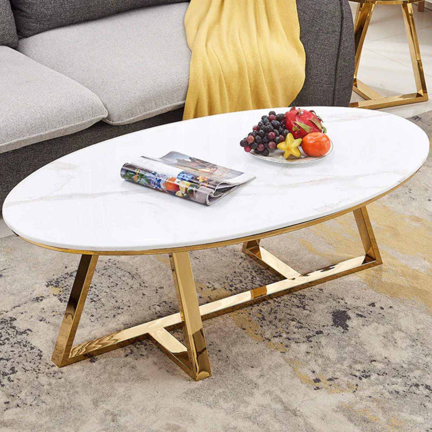 Table Basse ovale véritable Marbre structure métal 120x60×45 Cm