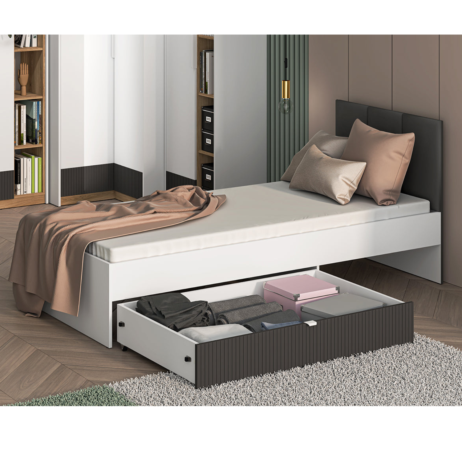 Lit Moderne avec Finition Graphite Mat & Blanc – 90x207 cm