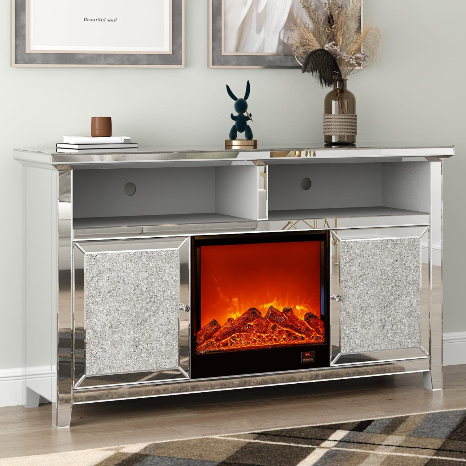 Meuble TV cheminée ARION 146x40x85 cm – MDF miroir, Cheminée intégrée, Rangement pratique