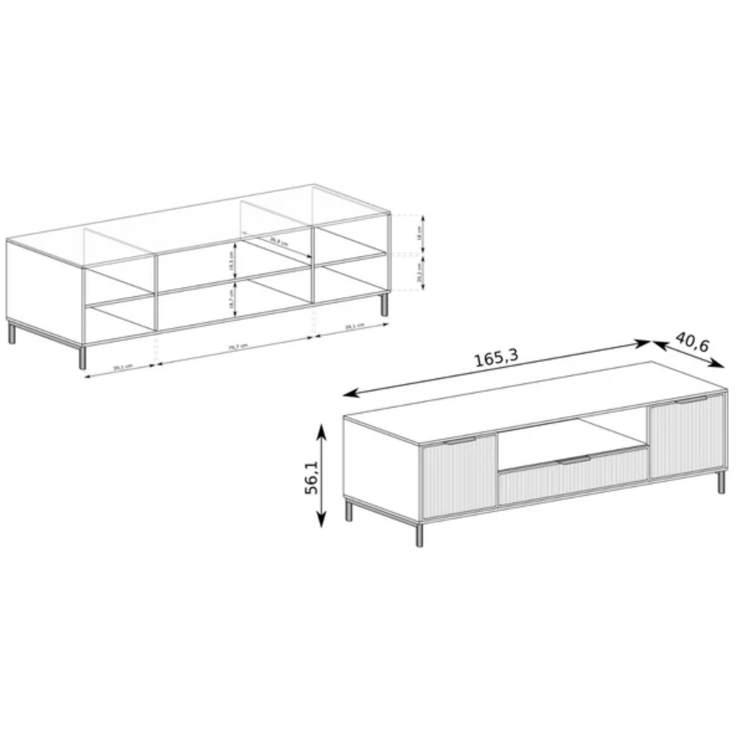 Meuble TV moderne avec rangements – 2 portes + tiroir + étagère centrale – 165 cm