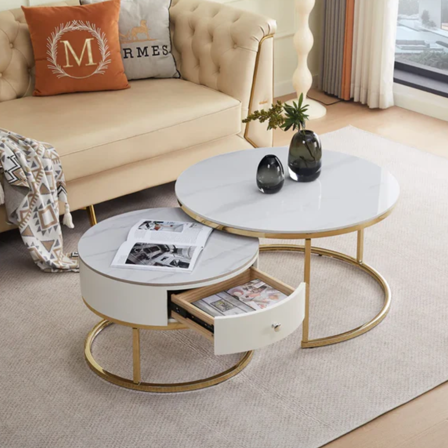 Table Basse Gigogne Céramique Marbre Blanc avec Piètement en acier inoxydable