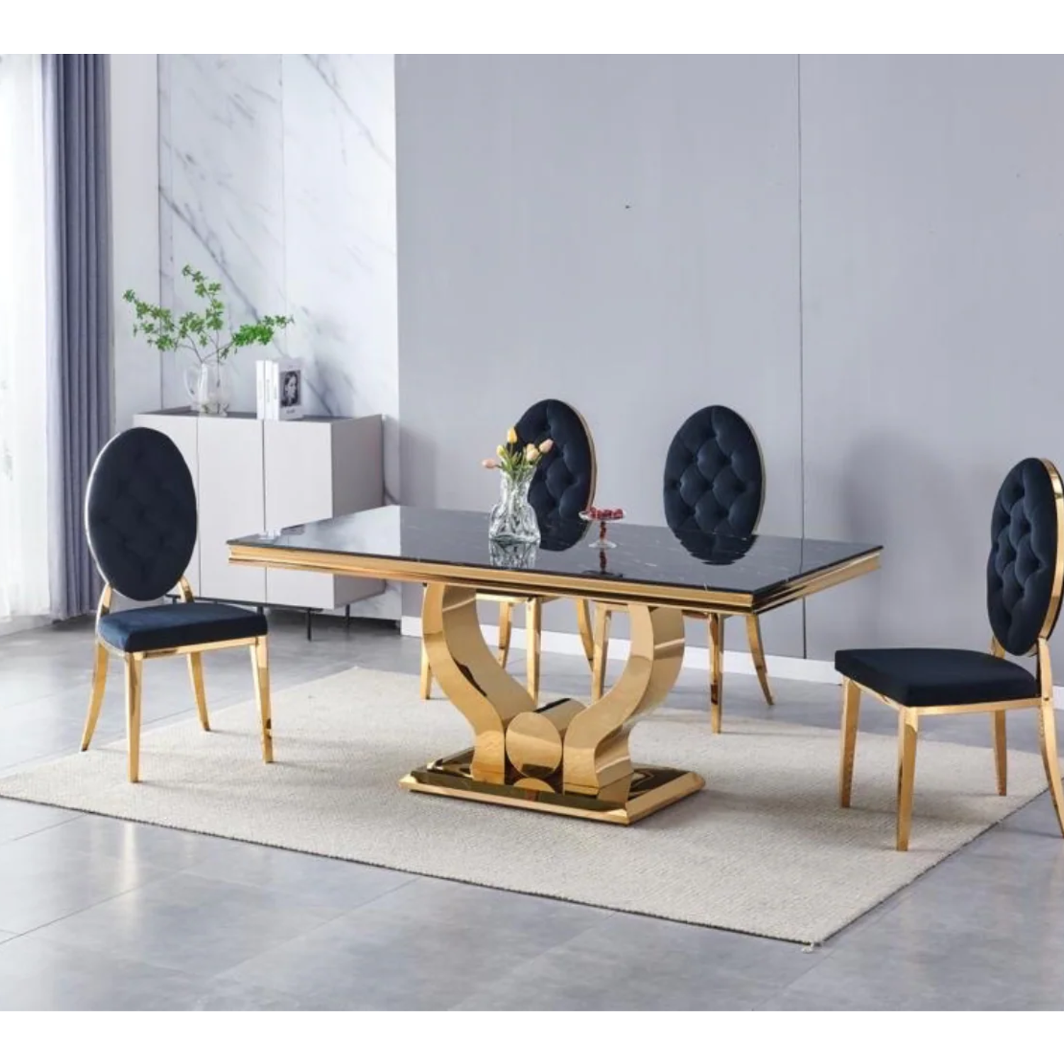 Ensemble Table à Manger Plateau Marbre Noir et 4 Chaises Velours Taupe