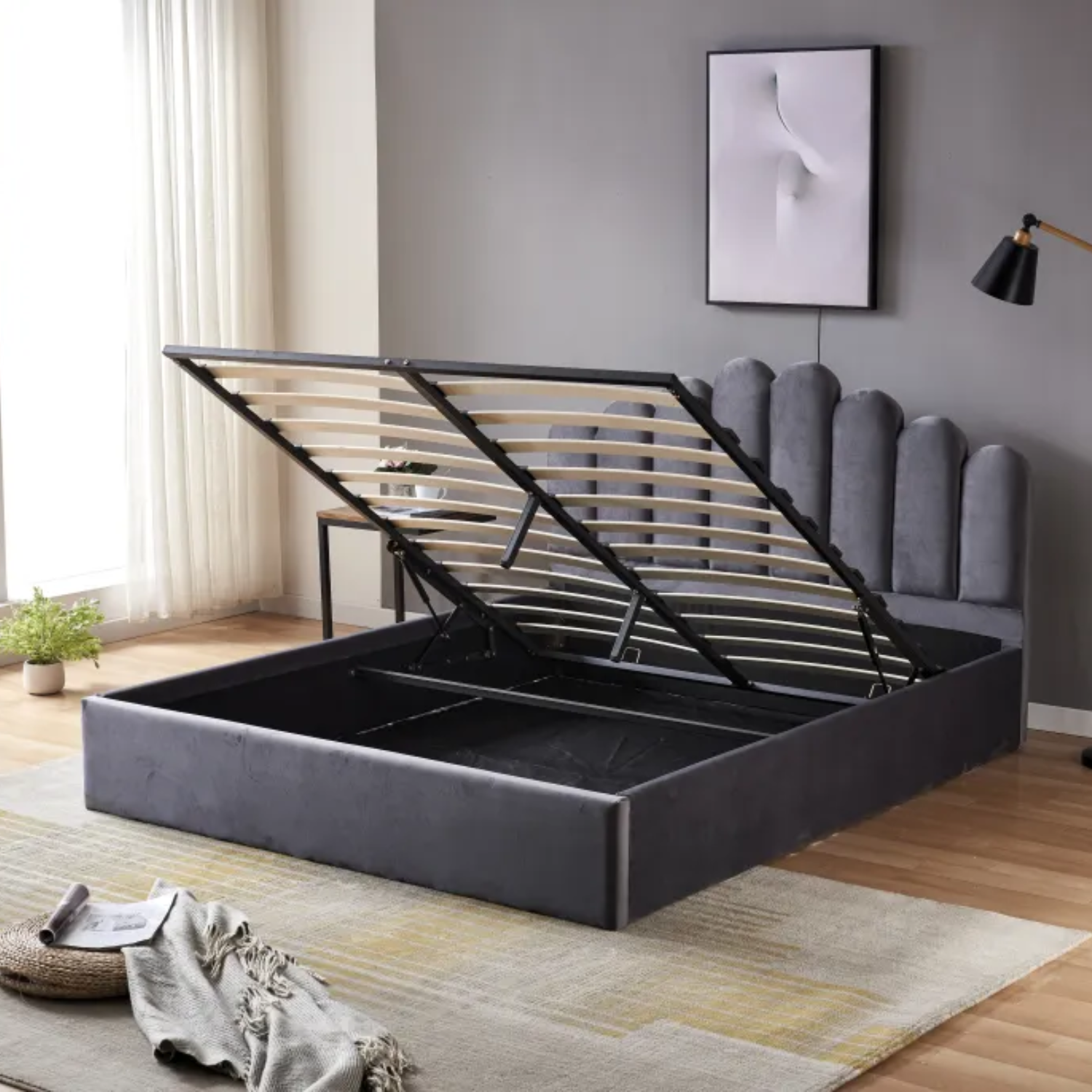 Lit coffre 2 places – Velours – Sommier à lattes en bois – 140x190 & 160x200 cm