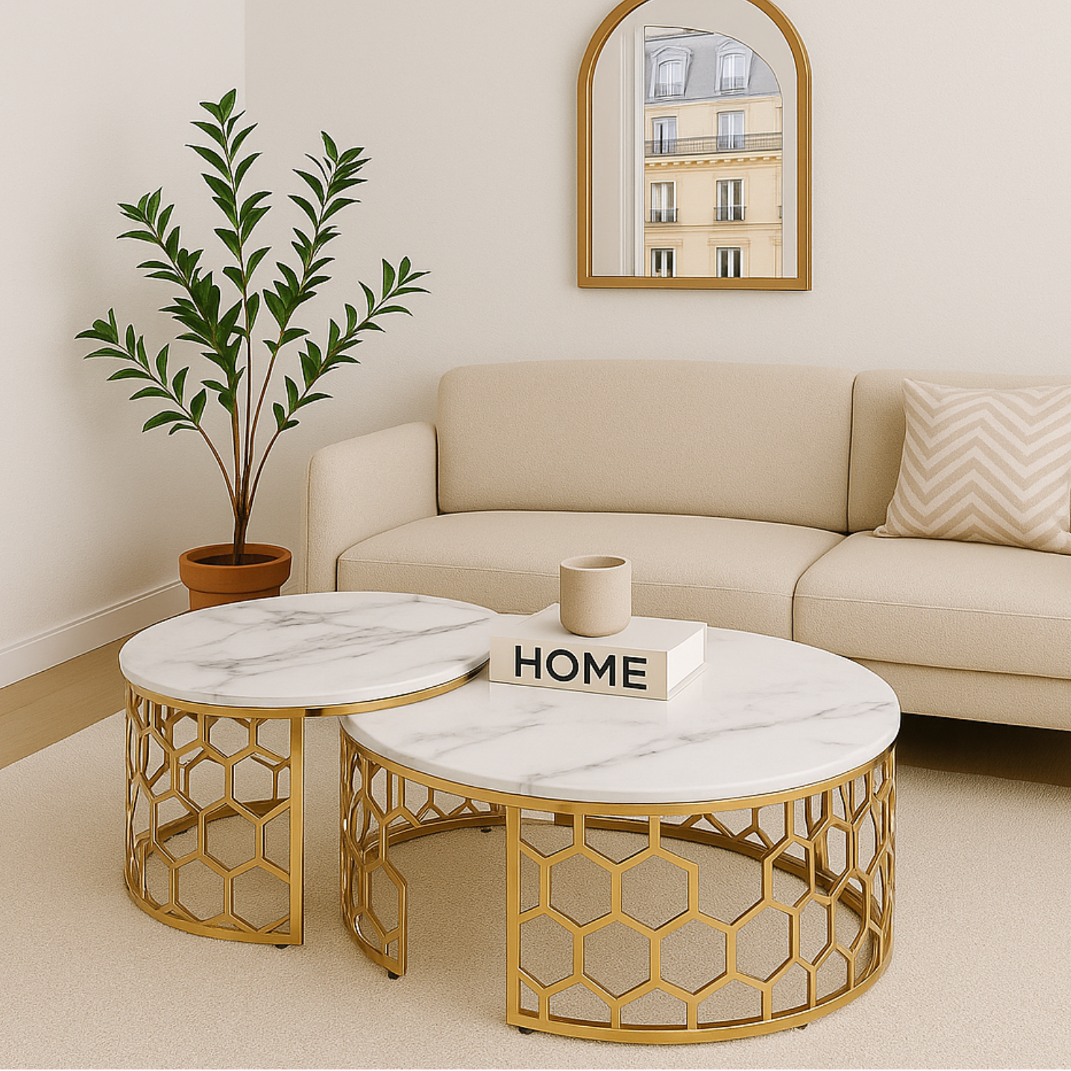 Table basse avec plateau  marbre et pieds en acier inoxydable poli