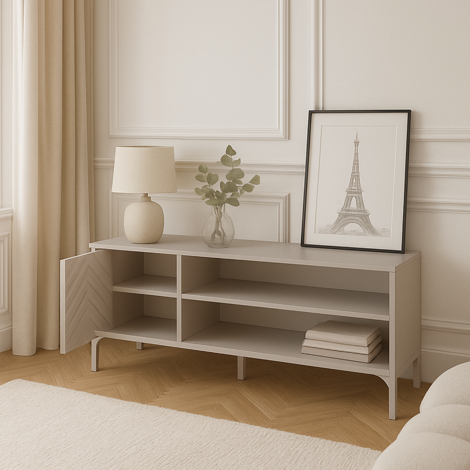 Meuble TV 135 cm – Noir mat avec façade motif chevrons